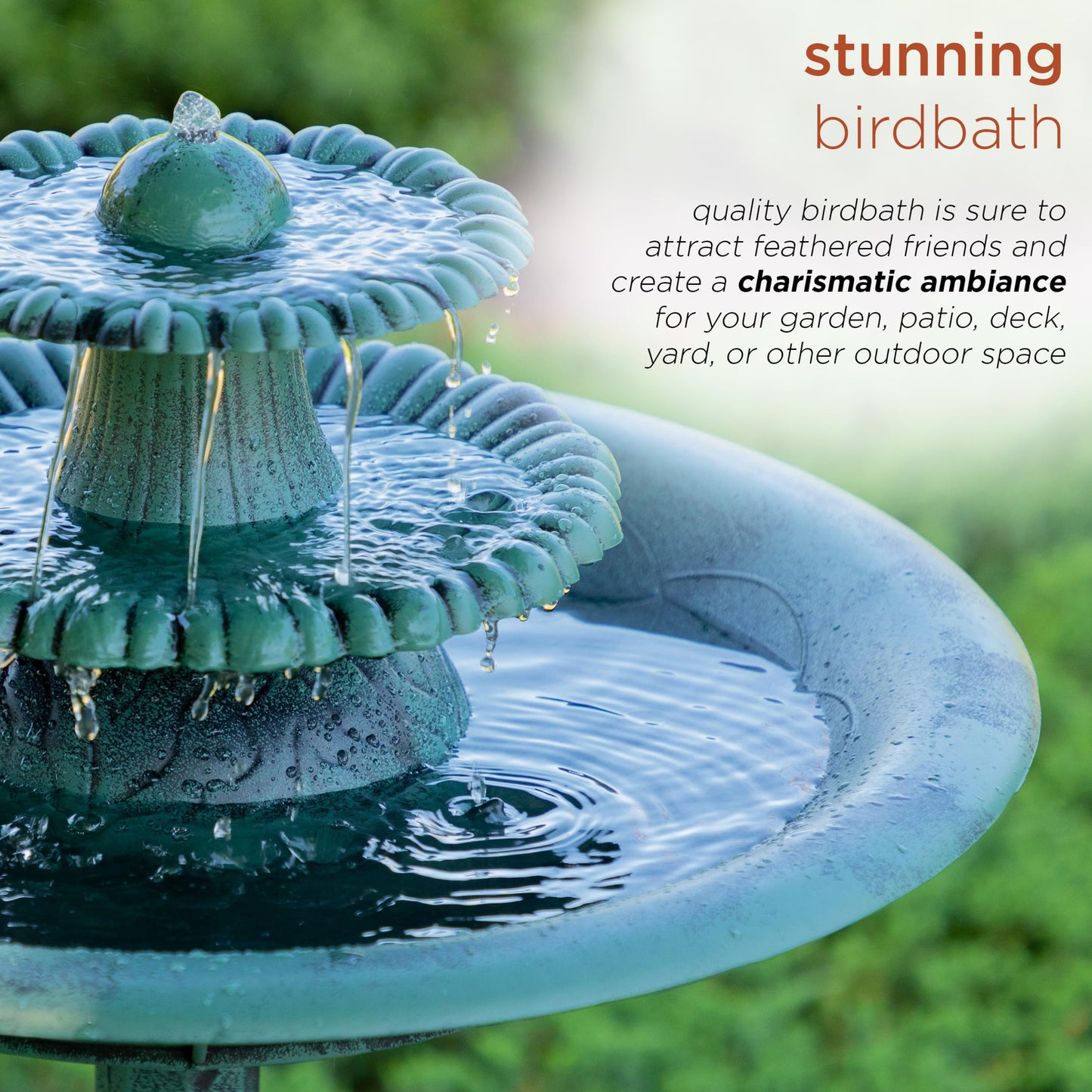 Alpine Corporation 35" Tall 3-Tier Outdoor Pedestal Water Fountain – Durable Resin Cascading Water Feature and Birdbath for Garden, Patio, Deck, and Backyard, Green