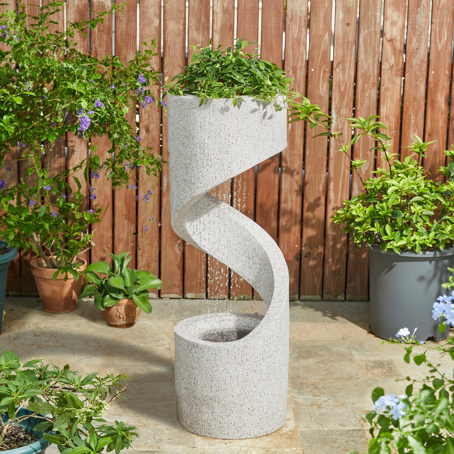 Glitzhome Outdoor Water Fountain with LED Light, Modren Curved Waterfall Fountain with Stone Planter, Faux Terrazzo Spiral Shaped Outdoor Fountains Water Feature for Garden Patio Deck Porch, 40.25”H