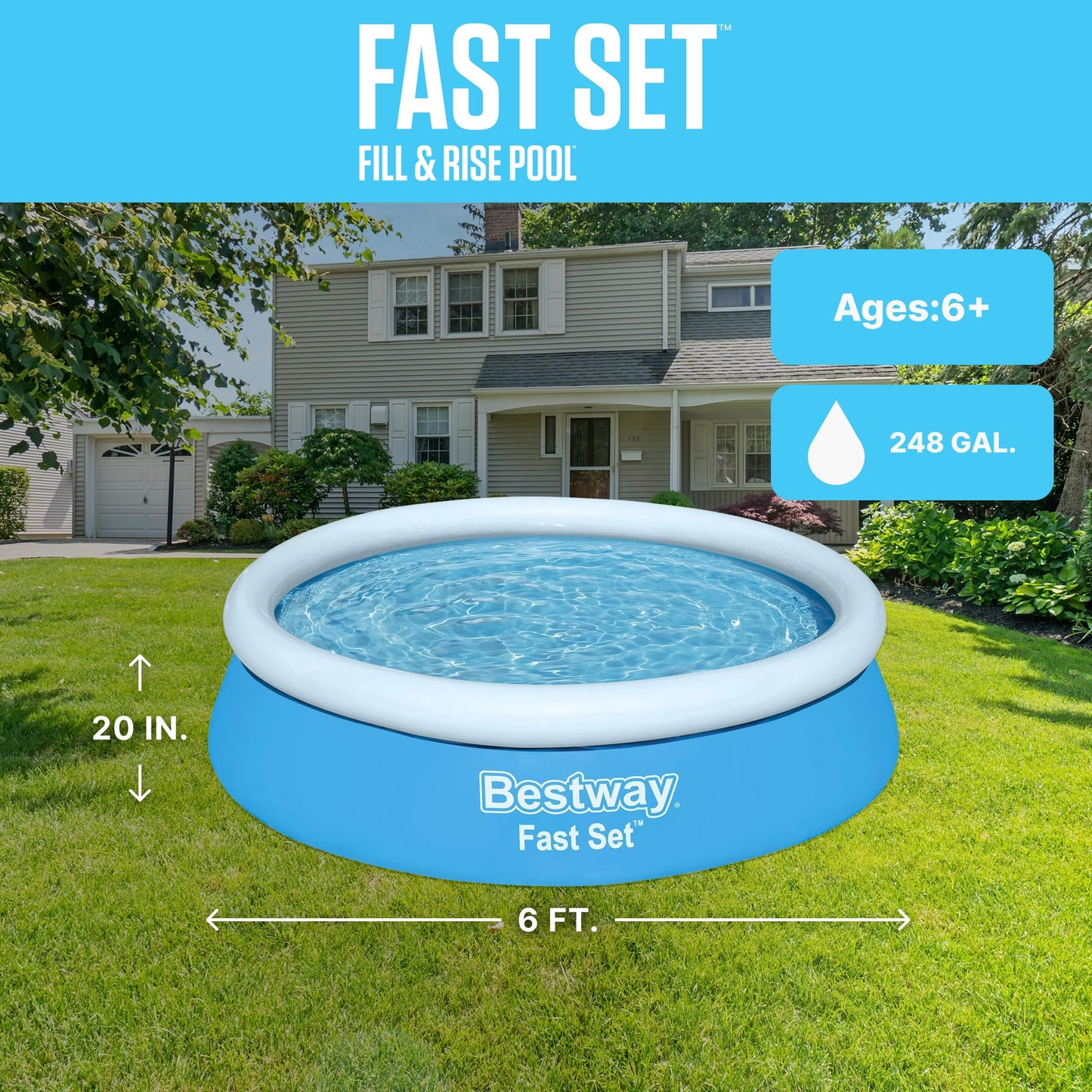 Bestway Fast Set Inflatable Above Ground Pool | 6' x 20" Round | Puncture-Resistant Tritech Material | 248 Gal Capacity | Easy Setup & Storage | Inflatable Top Ring Swimming Pool for Kids