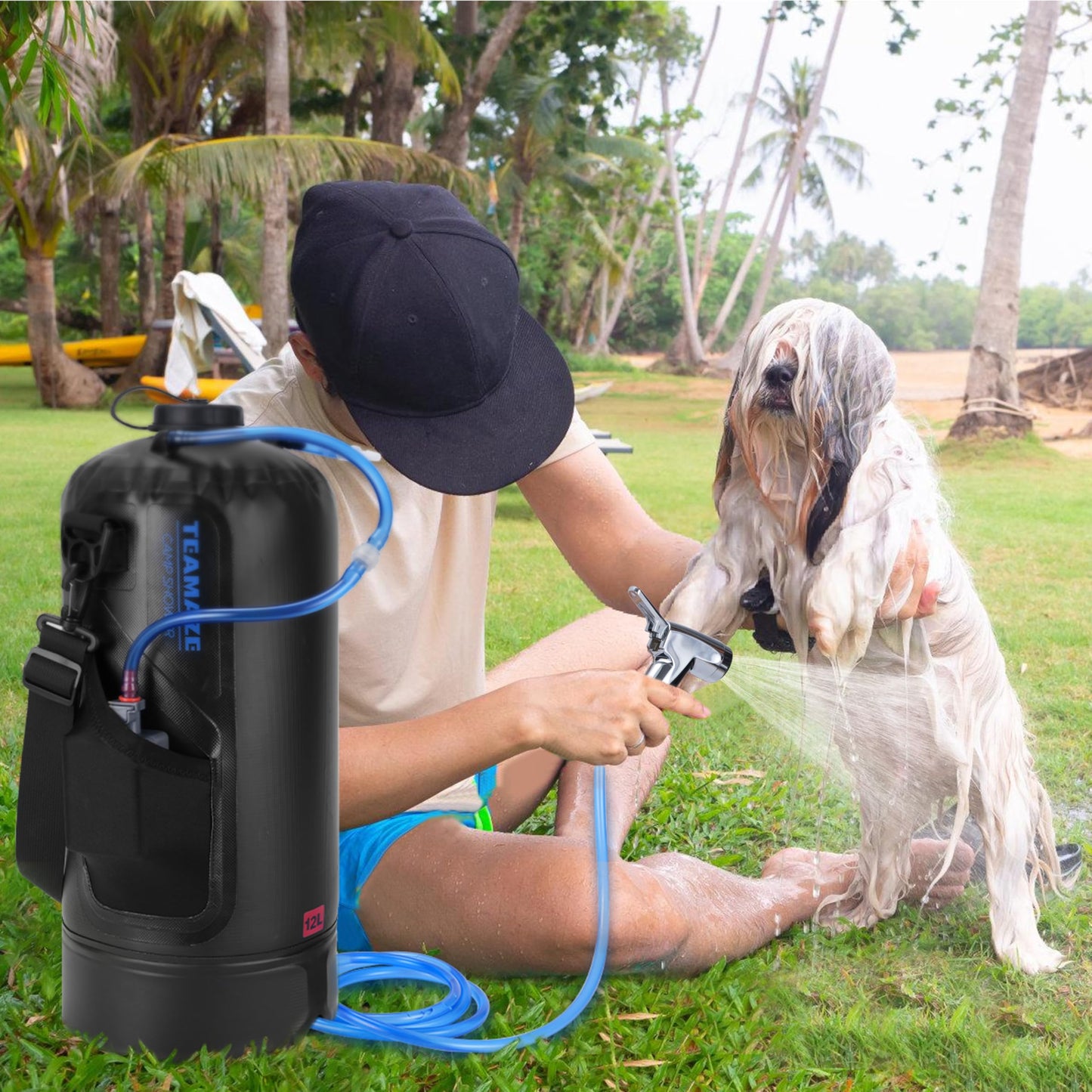 Teamaze Camping Shower,12L Portable Camp Shower Bag with Upgraded Screw Lid, Auto Pressure Pump, Solar Shower, Camping Shower Head for Beach Camping, Hiking, Traveling, Washing