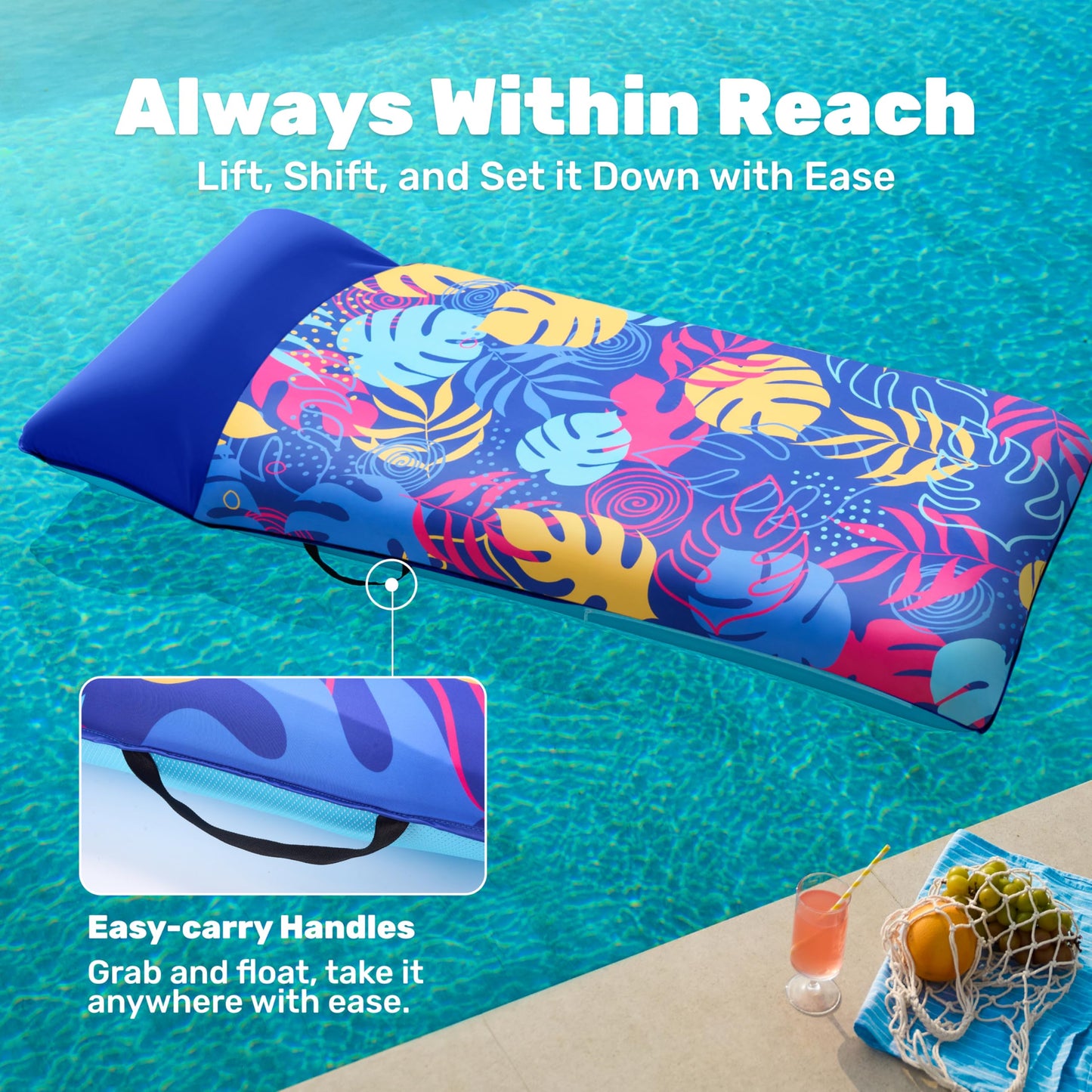 Sloosh Inflatable Pool Floats Raft - XL Fabric Covered Pool Mat Lounger Floaties for Adults, Ultra Comfort Inflatable Water Float with Headrest for Beach Lake Swimming Pool Floating 68"X34" (Blue)