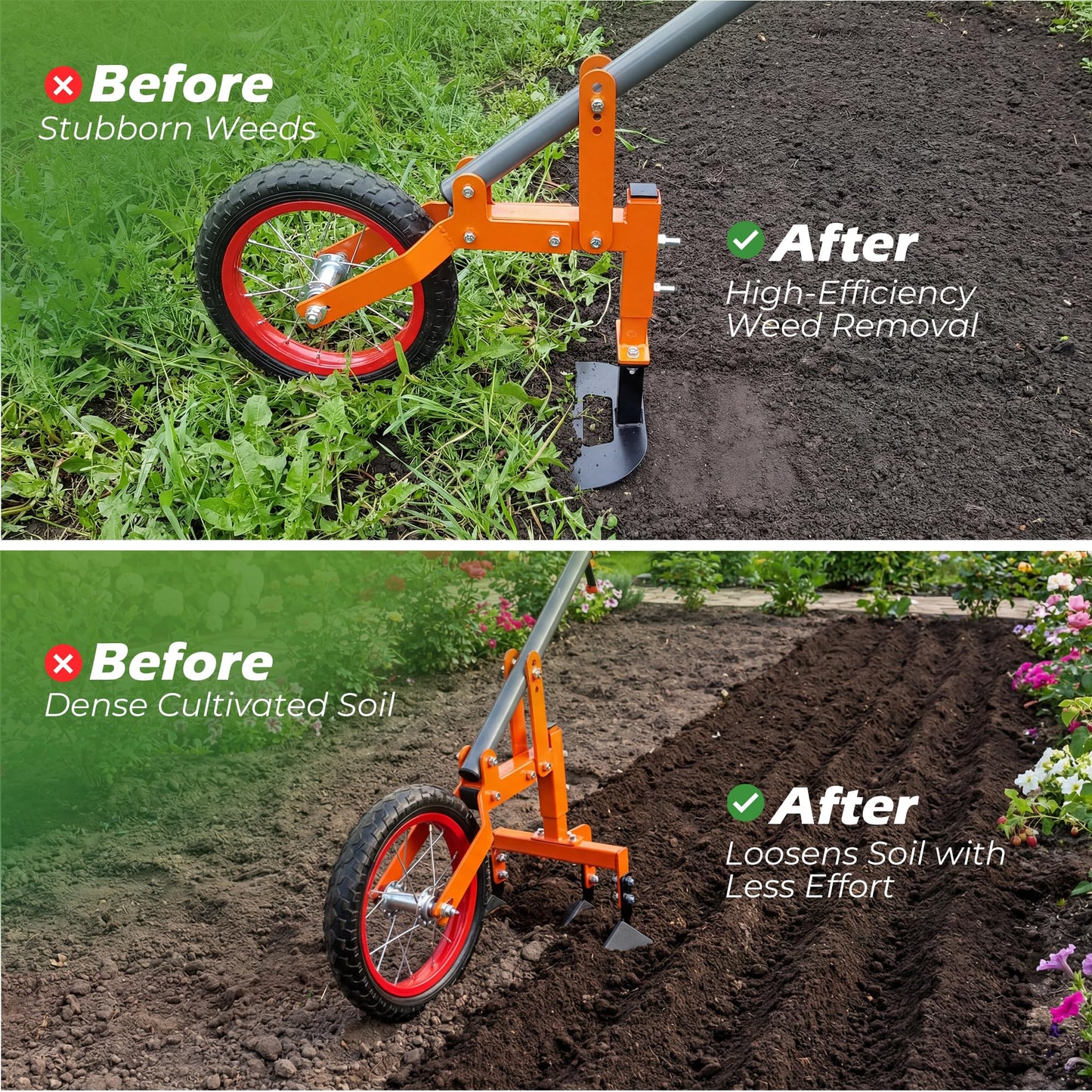 Walensee 2-in-1 Manual Wheel Hoe Garden Cultivator, Push Plow with Adjustable Long Handle 51.9–64.9 in, Dual Tools for Soil Loosening & Weeding, Heavy Duty Steel Frame, Lawn & Garden Tiller