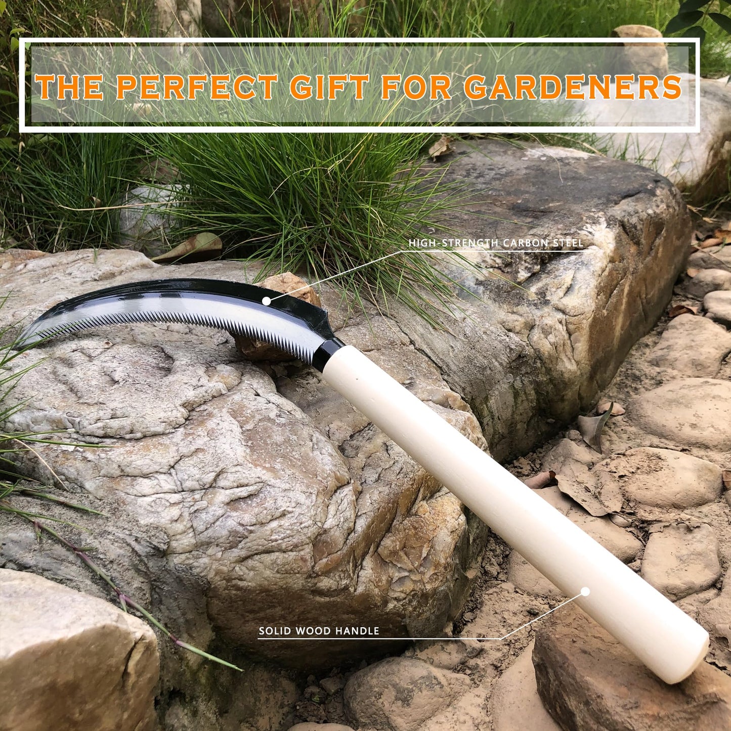 SHANFEEK Grass Sickle with Sawtooth Japanese Weeding Hoe Garden Hand Tool Weeding Tools for Garden High-Strength Steel with Solid Wood Handle (White)