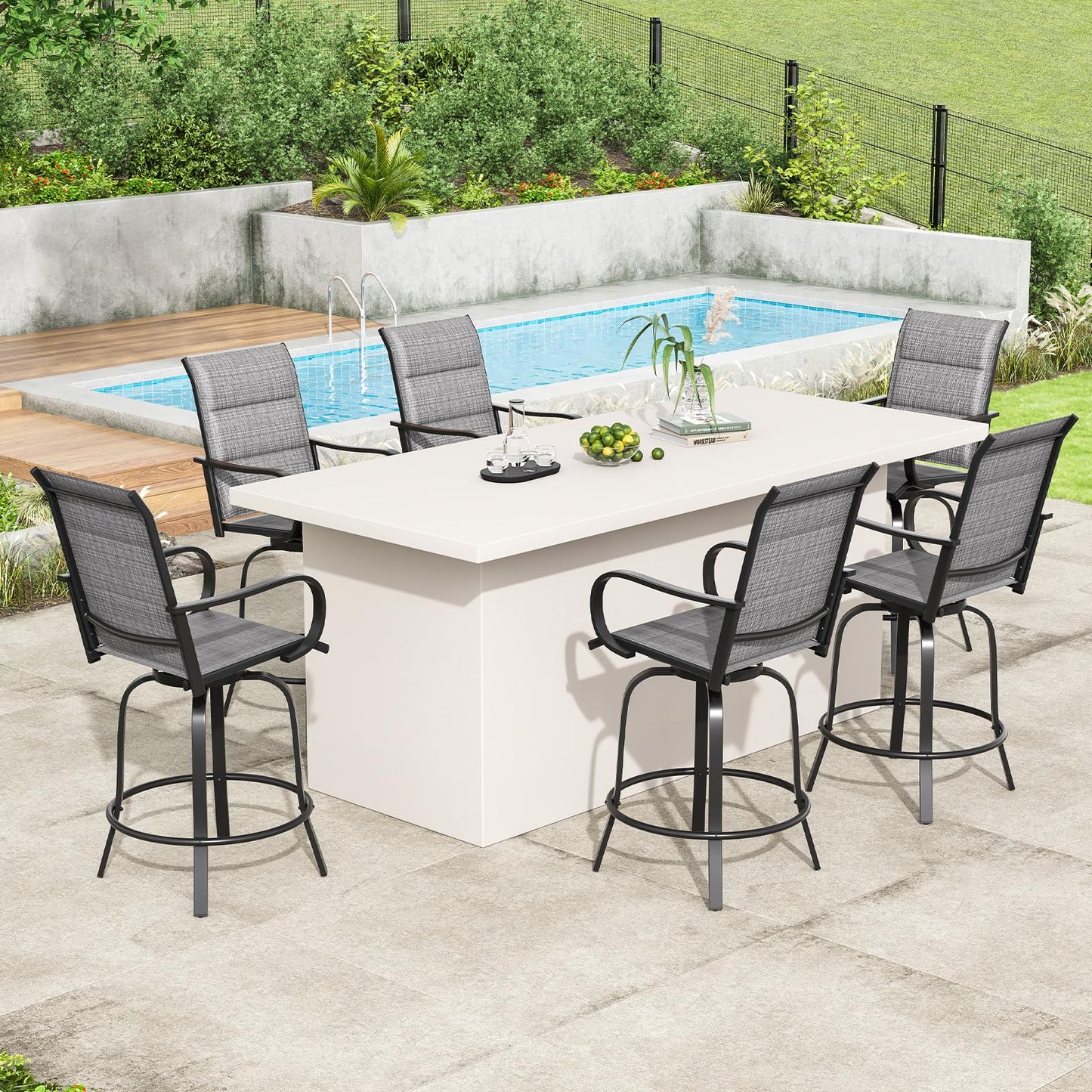 Soohow Swivel Patio Bar Stools Set of 2, Outdoor Barstools with Paded Textilene Fabric, All Weather Bar Height Outdoor Chairs, Tall Swivel Patio Chair for Balcony, Poolside, Yard