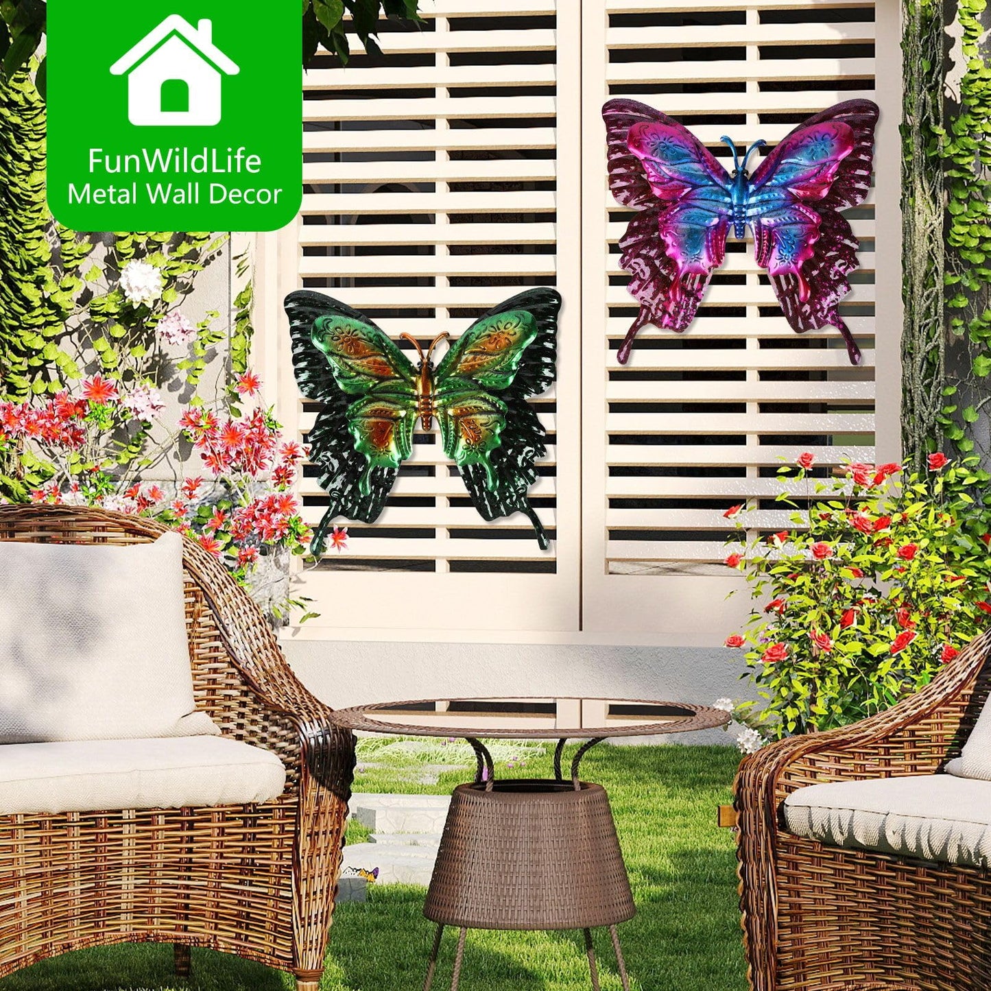 FUNWILDLIFE Metal Butterfly Wall Decor - 2 Pack 11.4" Outdoor Fence Wall Art Decor, Large Butterfly Wall Decor for Garden Yard Living Room Bedroom Patio Balcony