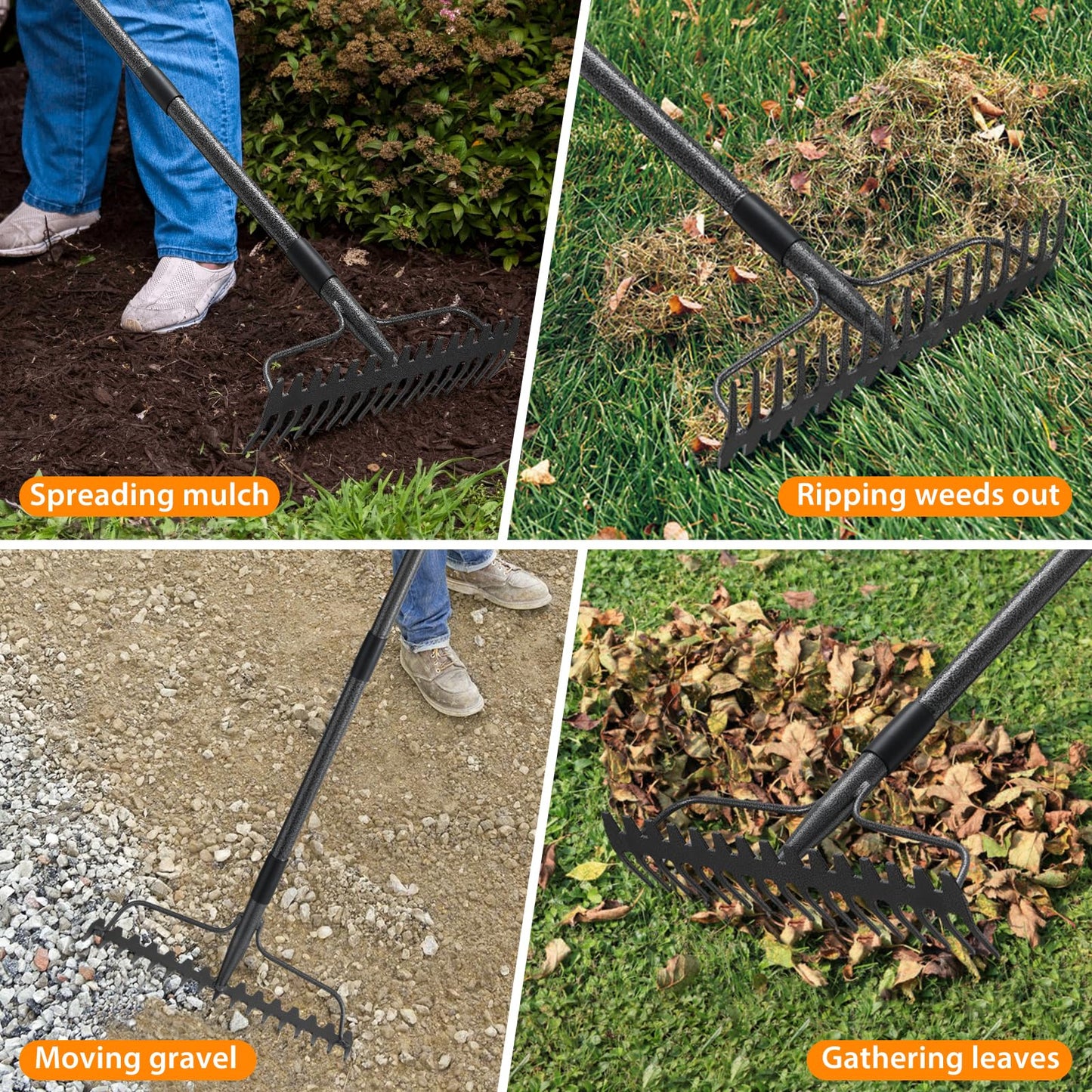 Garden Rake, 63 Inch Long Handle with 17 Tongs, Heavy Duty Metal Bow Rake for Loosening Leveling Soil, Garden Leaf Rake for Raking Leaves Grass , Weeding, Metal Yard Thatch Lawn Care Garden Tool