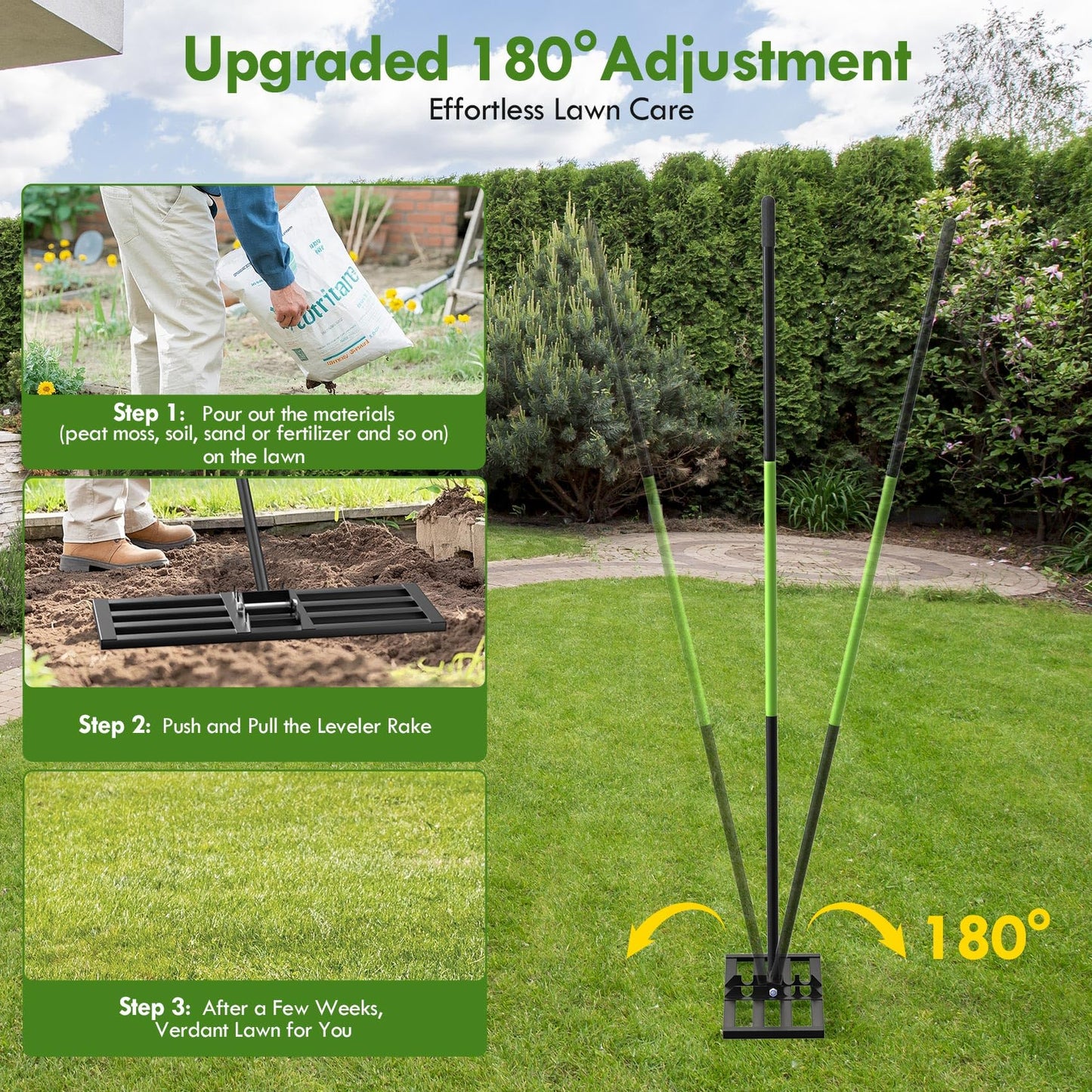 Seeutek Lawn Leveling Rake, 35” x 10” Lawn Leveler with 6.5FT Stainless Steel Handle Rakes for Lawns, 0-180° Adjustable Ground Leveler Tool for Yard, Level Soil Sand Dirt Surfaces