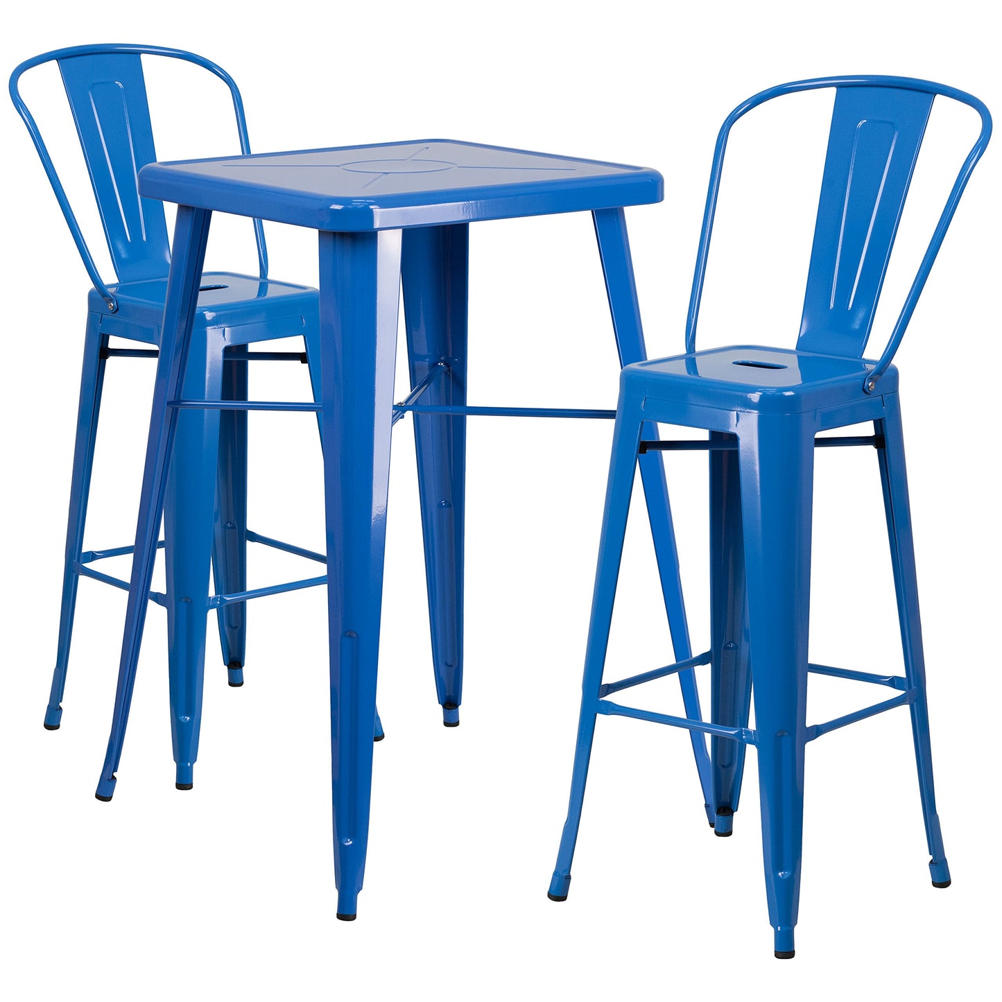 Flash Furniture Commercial Grade 23.75" Square Blue Metal Indoor-Outdoor Bar Table Set with 2 Stools with Backs