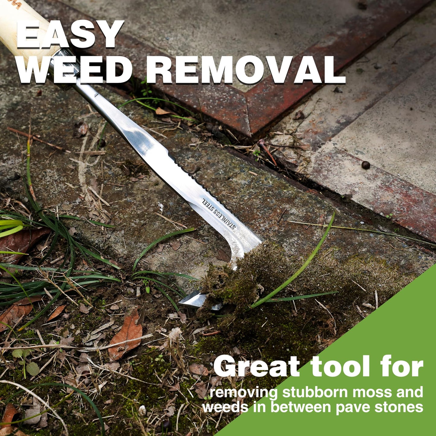 WORKPRO Crack Weeder, 12" Stainless Steel Crevice Weeding Tool with Ash Wooden Handle, L-Shaped Side-Walk Weed Puller Spatula, for Garden Lawn Yard Patio Terrace Paving Moss Garden Tool