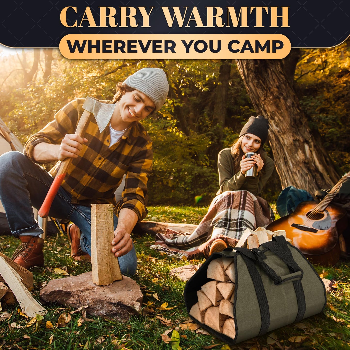 Water-Resistant Firewood Carrier Bag – 39.4"x18.5" Waxed Canvas Log Carrier for Firewood, Open-Ended Design, Large Capacity Wood Tote with Padded Handles, Buckle Strap & Folds Flat for Easy Storage