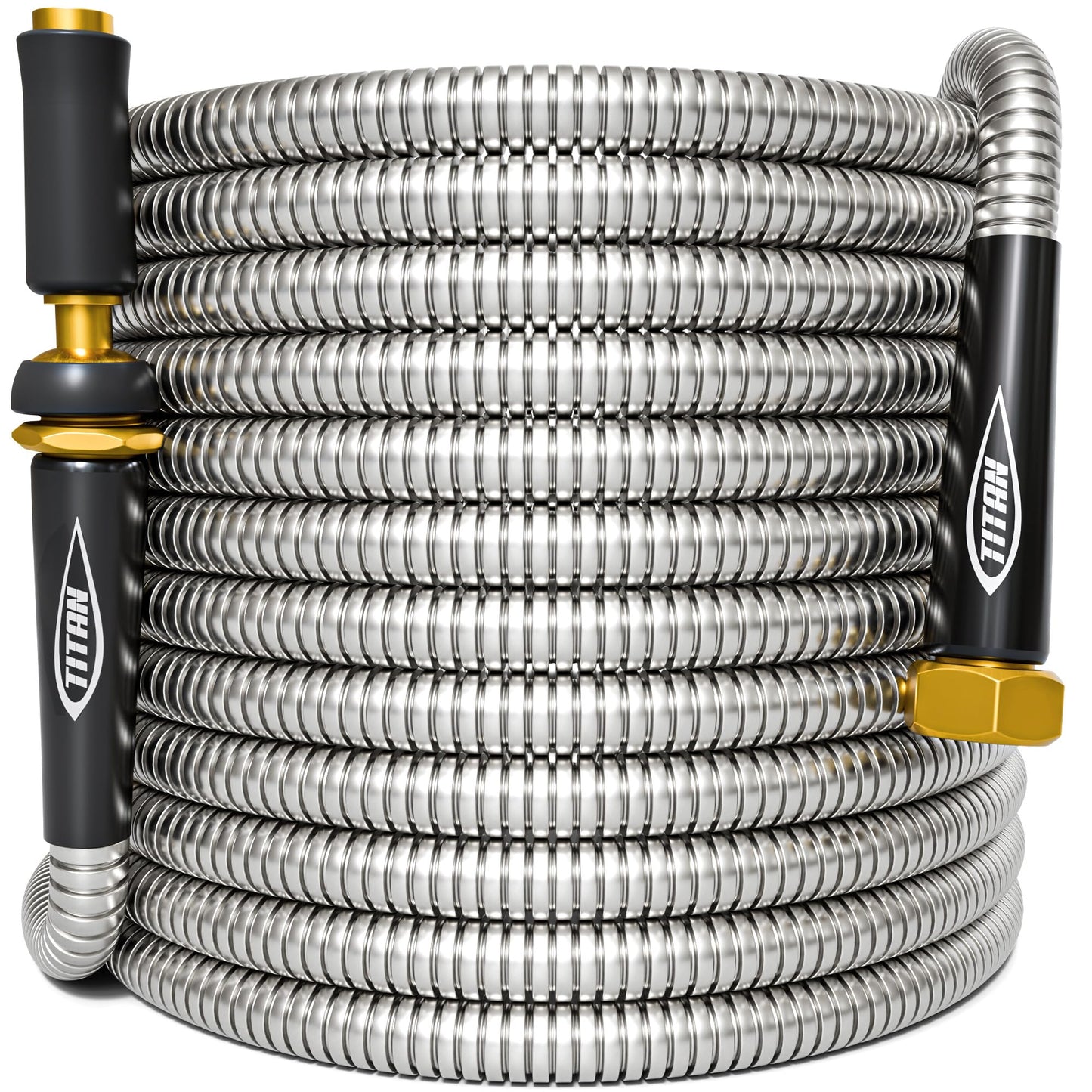 TITAN Garden Hose 75FT - 304 Stainless Steel Metal Water Hose, Flexible, Kink-Free, Lightweight, Durable, Crush Resistant Fittings, Easy to Coil, 500 PSI