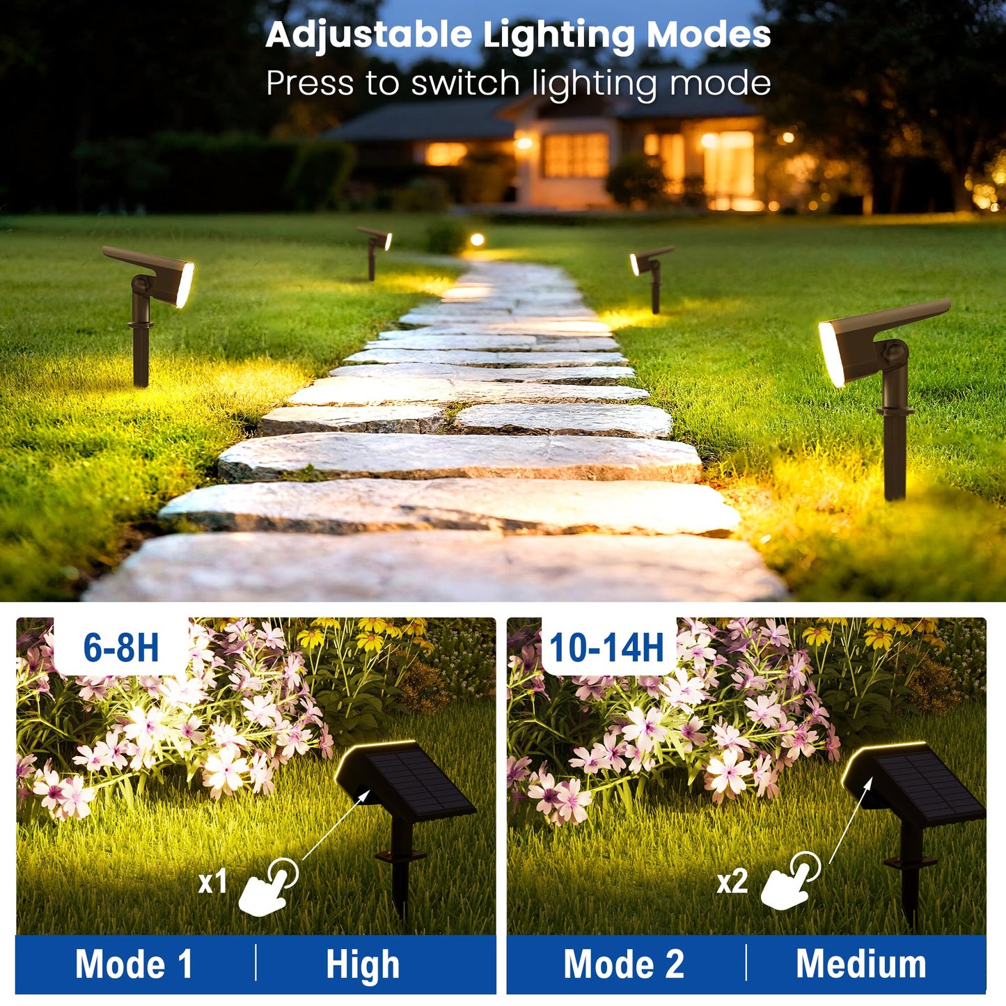 JEJOT Solar Lights Outdoor Waterproof IP65, Super Bright LED with Lens, 3000K 2 Lighting Modes, Solar Powered Yard Garden Solar Spot Lights for Outside Landscape Auto On/Off -6 Pack