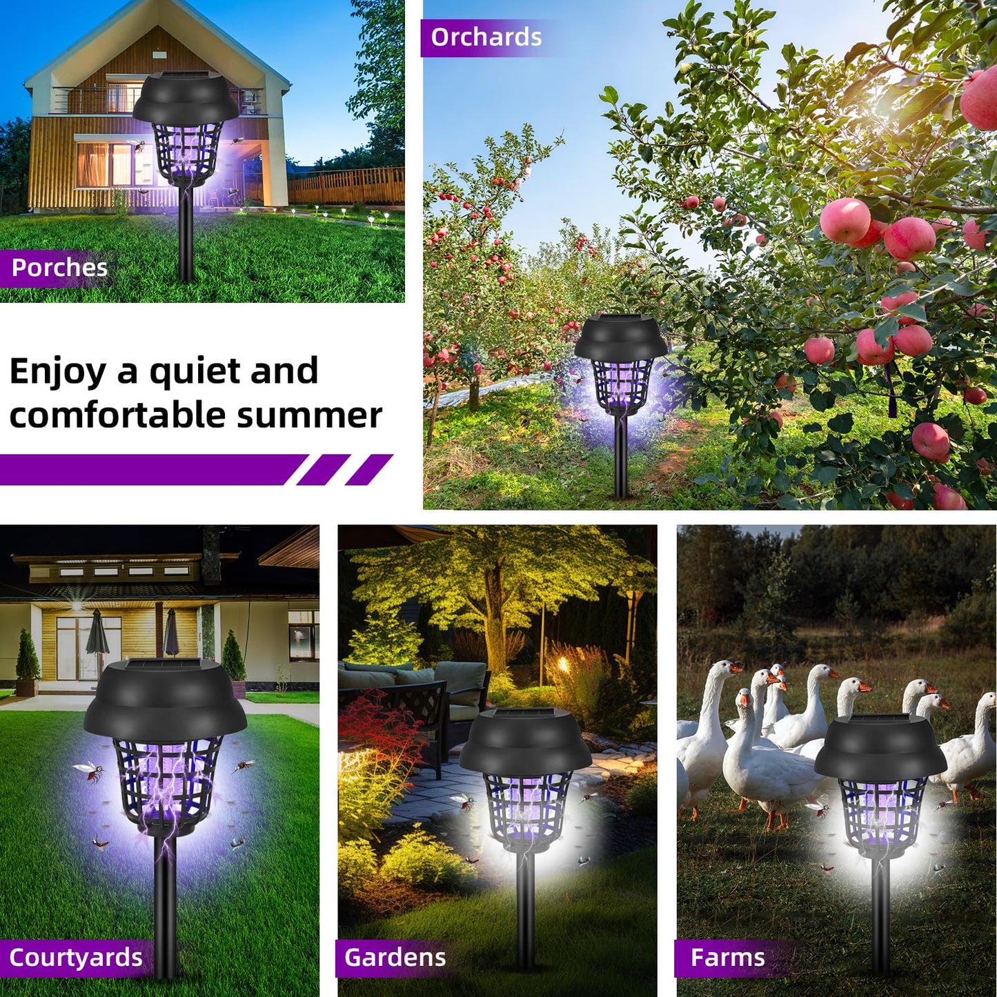4 Pack Solar Bug Zapper Outdoor Waterproof Solar Powered Mosquito Zapper & Killer for Gnats, Flies, Moths, Fruit Flies, Decorative Ground Stake Light for Garden, Patio, Backyard, Auto ON/Off
