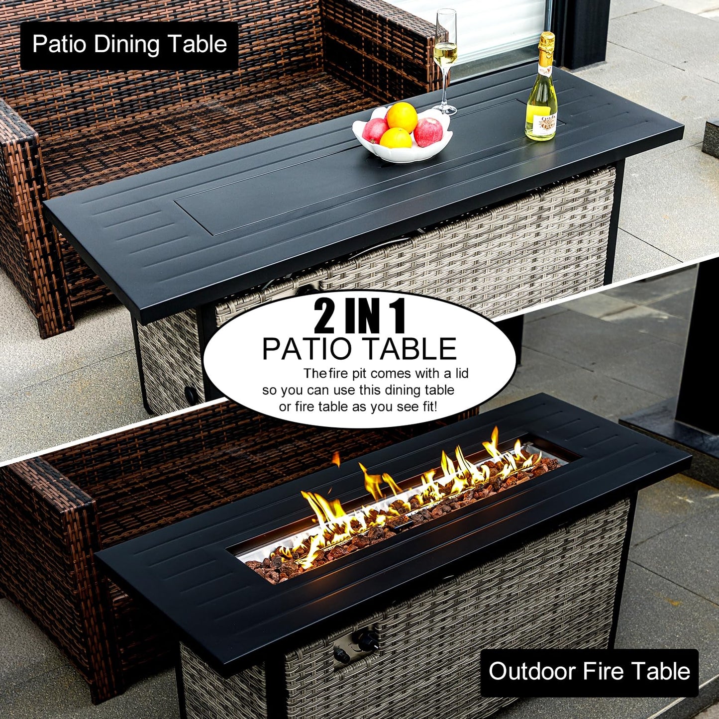 EcoNook 57 inch Propane fire Pit Table with Waterproof Cover & Ratten Side Panel, 50000 BTU Gas Firepit Table with Lid & Lava Rock, Outdoor Fire Pit for Dining or Party, Firepit for Outside, Patio