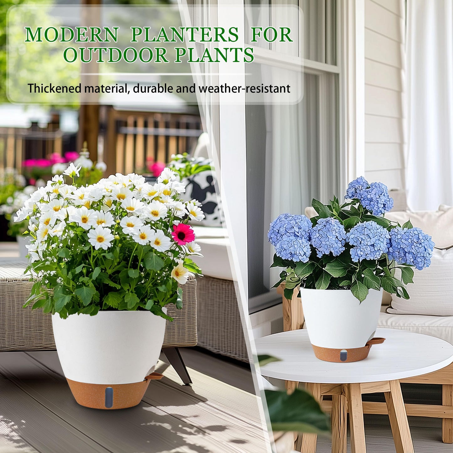 Fielda Self Watering Pots for Inoor Ourdoor Plants 10/9/8/7/6.5 Inch Plastic Planters with Drainage Holes & Water Level Indicator, Decorative House Flower Nursery Planting Pots with Saucers ((White)