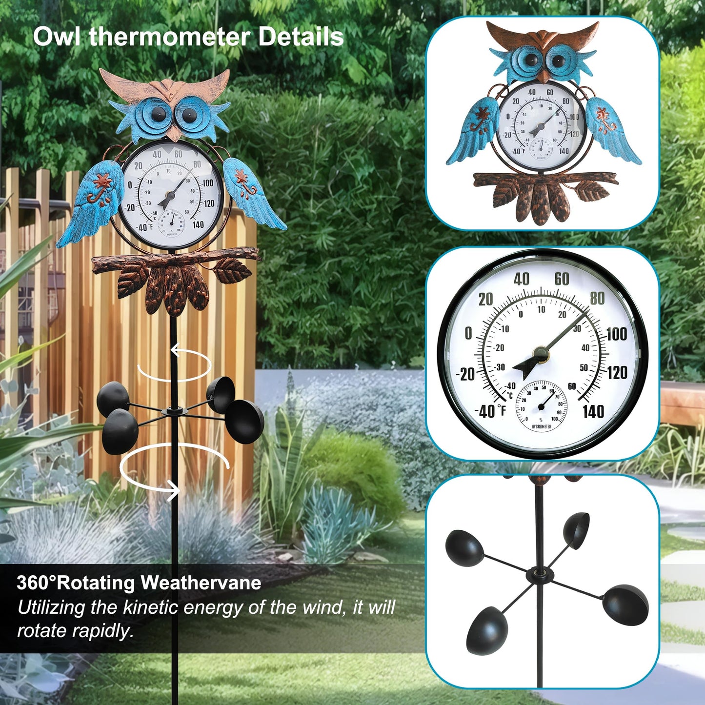 Senflame Outdoor Thermometer for Patio - Owl Garden Stake Thermometer with Wind Spinner Design - 60 inch Outside Temperature Gauge for Yard - Easy to Read, Durable & Weatherproof - Garden Decor