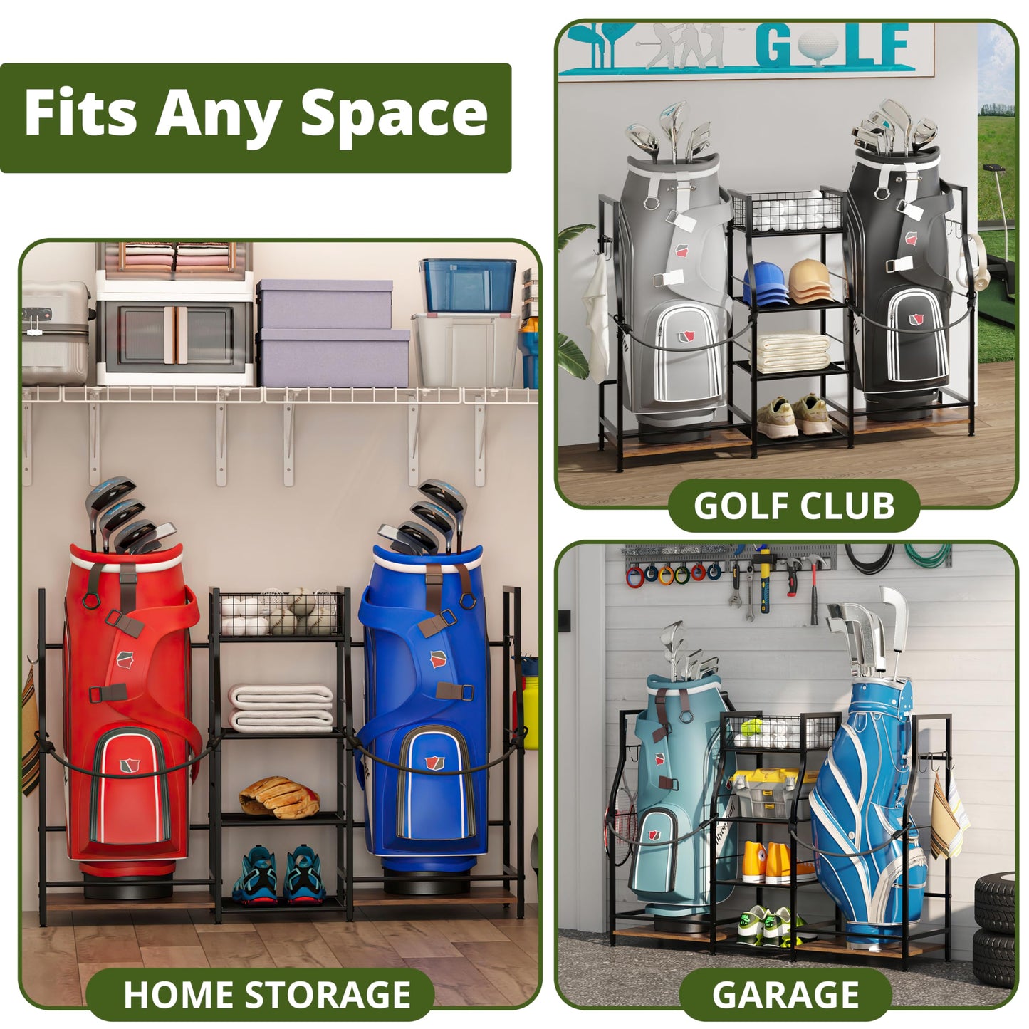 Jsskeeim Golf Bag Storage Organizer for Garage Organization, Golf Bag Stand for Golf Bag Accessories, Spacious Golf Rack for Golf Clubs & Golf Essentials, Ideal Golf Gifts for Men (Fits 2 Golf Bags)