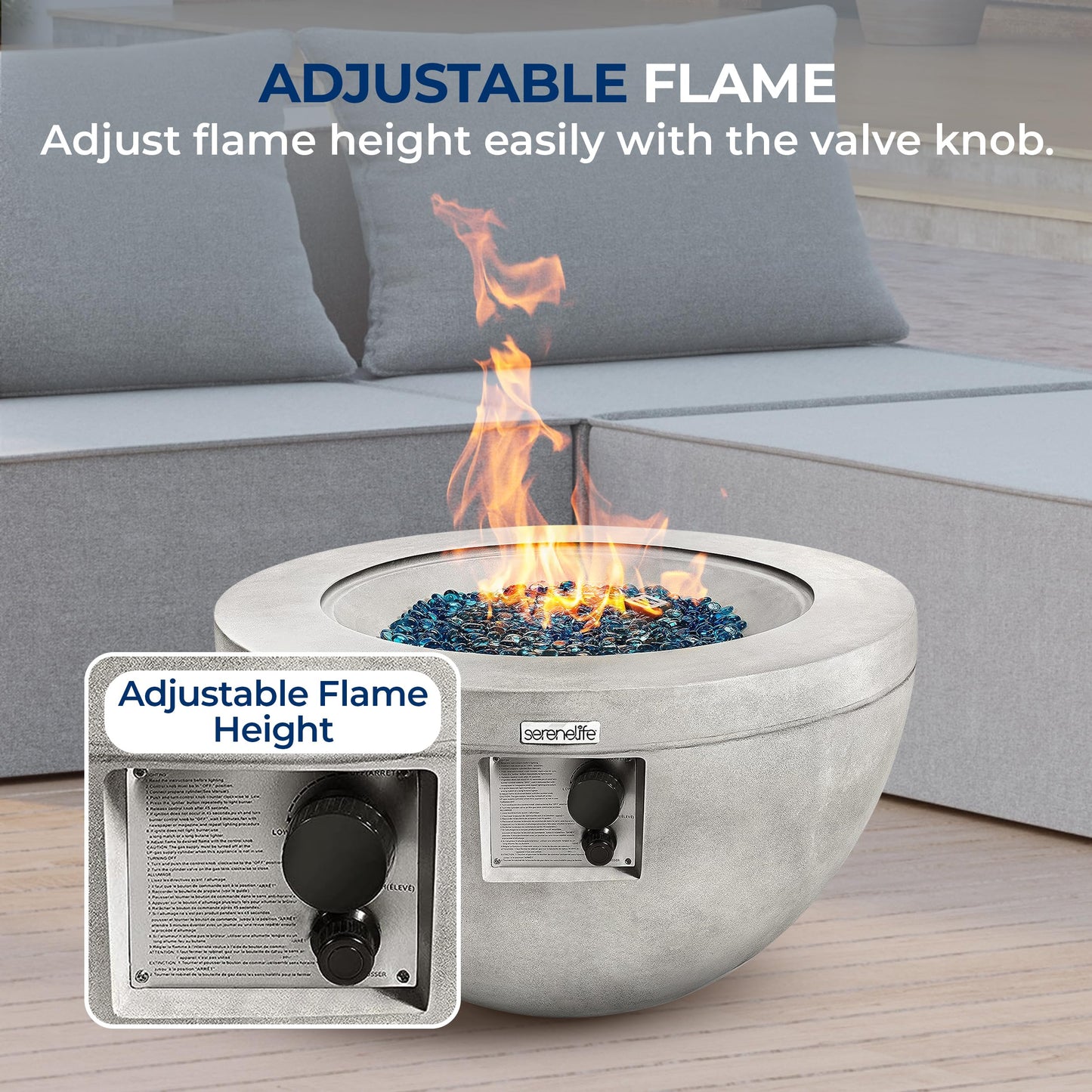 SereneLife 40,000 BTU Propane Fire Pit Table, Round Gas Fire Table with Adjustable Flame Height, Weather Resistant, Blue Glass Rocks, Safe and ETL Certified for Outdoor Use, 30" x 30" x 16.9" Inch
