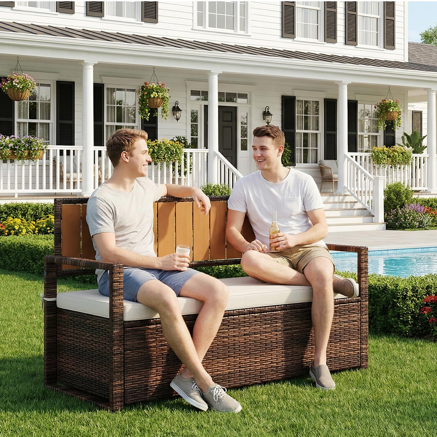 75 Gallon Outdoor Storage Bench, All-Weather PE Rattan Deck Box with Seat, Wicker Patio Furniture for Cushions, Garden Tools, Pool Accessories, Water-Resistant and Durable (Brown White)