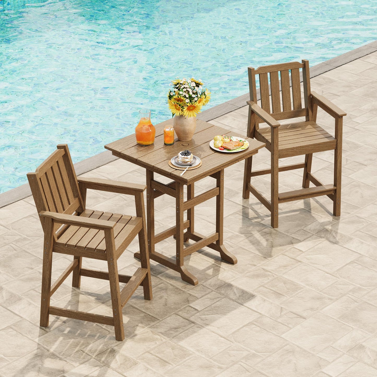 Garvee 3-Piece Outdoor Adirondack Bar Set, Patio Bar Table with 2 Bar Chairs, HDPE All-Weather Patio Bar Furniture Set with Umbrella Hole, for Balcony, Backyard, Poolside, Bistro