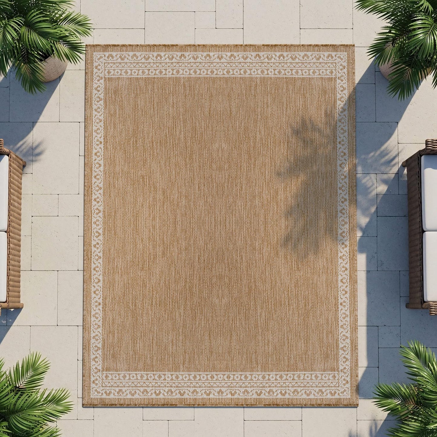 Washable Outdoor Rug 8x10 Modern Area Rugs Outdoor Carpets Bordered Pattern Non Shedding Waterproof Easy Clean Patio Deck Porch Living Room Bedroom Garden RV (8 X 10 Natural)