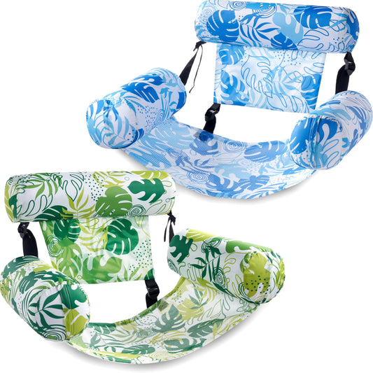 SLOOSH Inflatable Pool Floats Adult, 2 Packs Floating Lounge Chairs,Blow up Pool Noodles for Adult Heavy Duty,Floating Chair for Party Summer Water Beach Lake Fun,Summer Leaves-Green,Blue