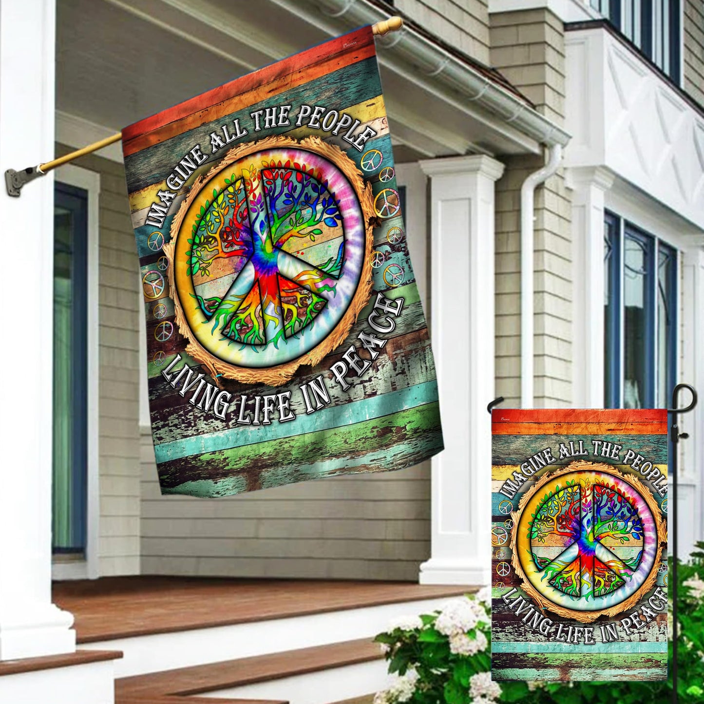 American Flag-Peace Sign Hippie Imagine All The People Living Life In Peace TPT597F, Garden Flag 11.5" x 17.5"-USA Premium Polyester-Decorative Indoor Outdoor Flags
