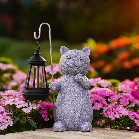 Qeeman Solar Cat Garden Statue: Weatherproof Resin Figurine with Warm Glow Lantern - Outdoor Decor for Yard Pathway Patio Porch Balcony - Gifts for Mom Grandma Cat Lovers