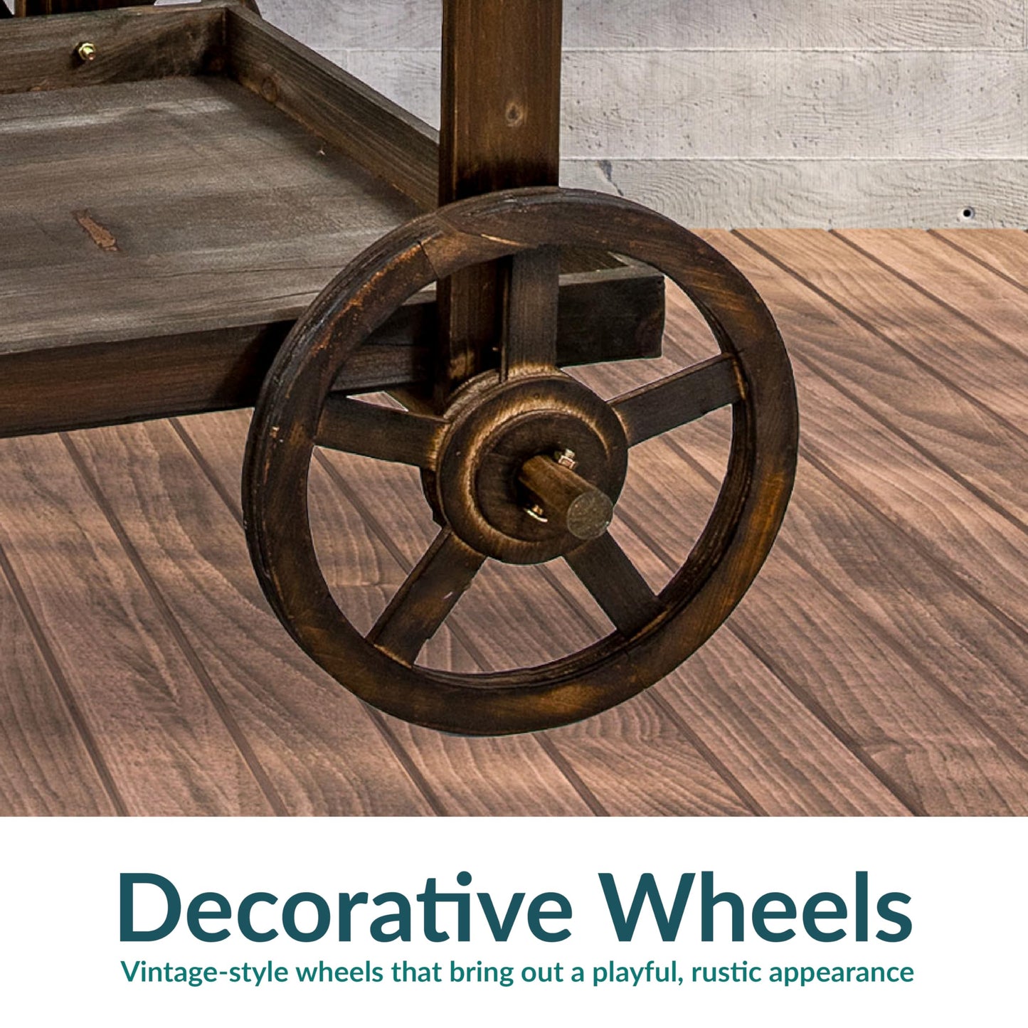 Sunnydaze Country Market Flower Cart Display Stand with Wheels - 2 Shelves - Fir Wood - 30 lb Weight Capacity - Charred Fir