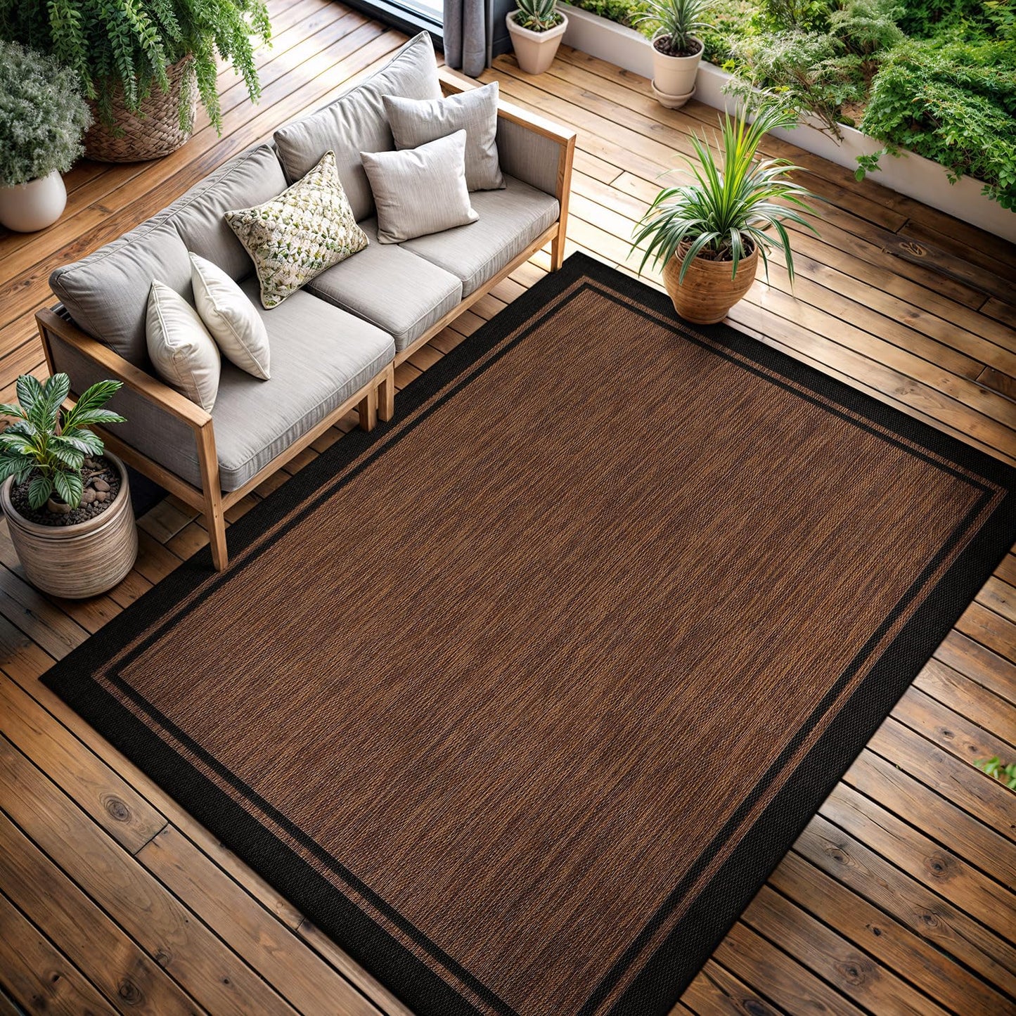 CAMILSON Indoor Outdoor Rug, 8x10 Bordered Nut Brown Black Modern Area Rugs for Indoor and Outdoor Patios, Kitchen and Hallway Mats, Washable Porch Deck Outside Carpet (Bordered Nut Brown, 8 x 10)