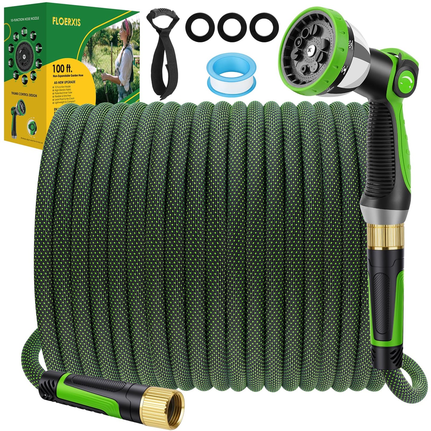 FLOERXIS Non-Expandable Garden Hose 100 FT, Lightweight Hose with 10 Function Spray Nozzle, Kink-Free Flexible Water Hose, Durable, Leak-Proof, 360° Swivel Connectors, Portable Storage Strap