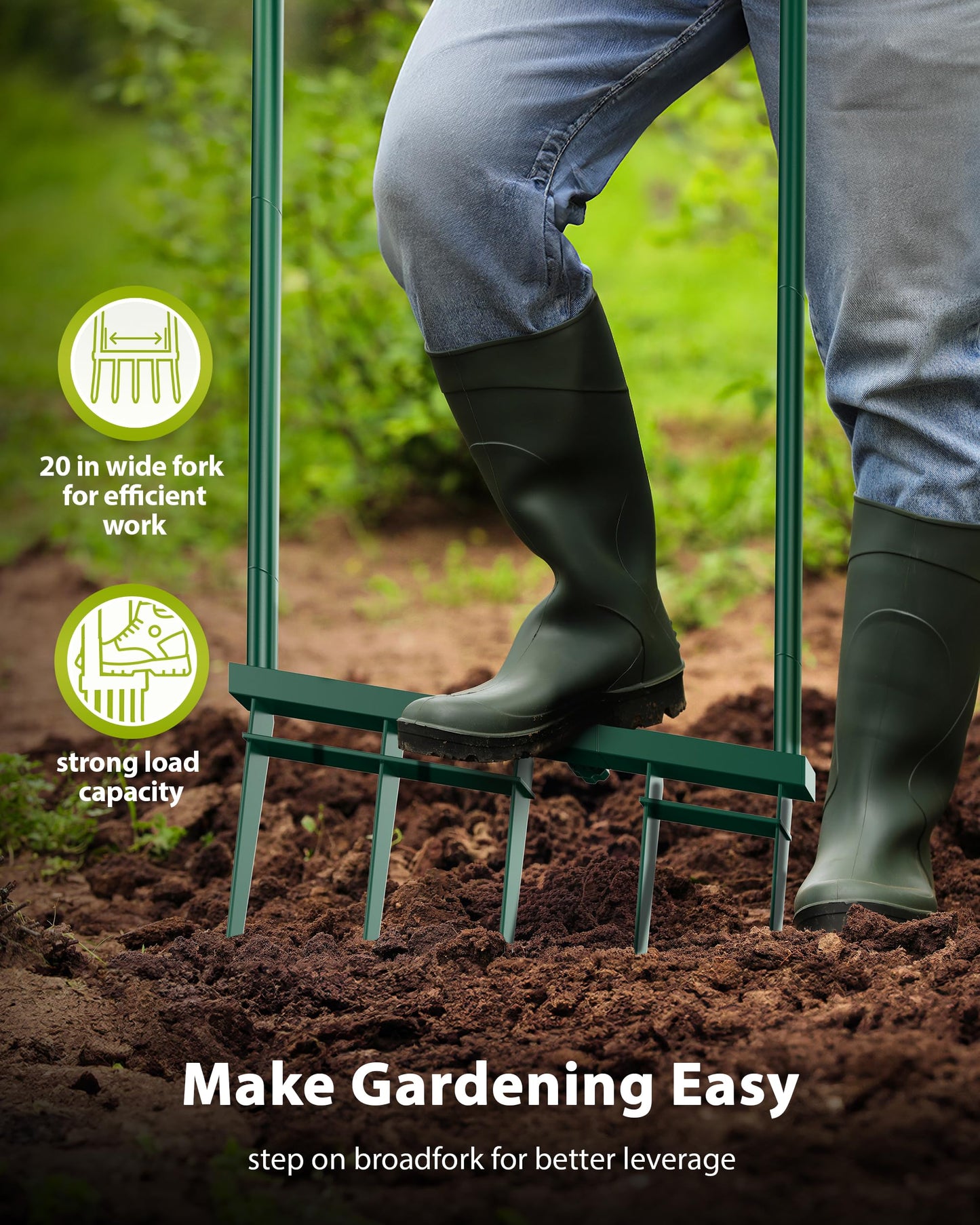 TITECK Broadfork Garden Tool, 5-Tine Heavy Duty Broad Fork, Manual Hand Tiller with 58 Inch Ergonomic Handle, Pitchfork Digging Fork for Cultivating Spading Crushing Aerating Gardening Soil