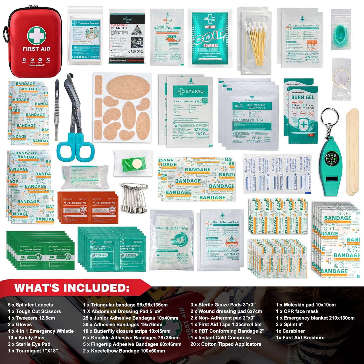General Medi First Aid Kit - 170 Pieces Hard Case and Lightweight - Great for Travel, Home, Office, Vehicle, Camping, Workplace & Outdoor (Red)