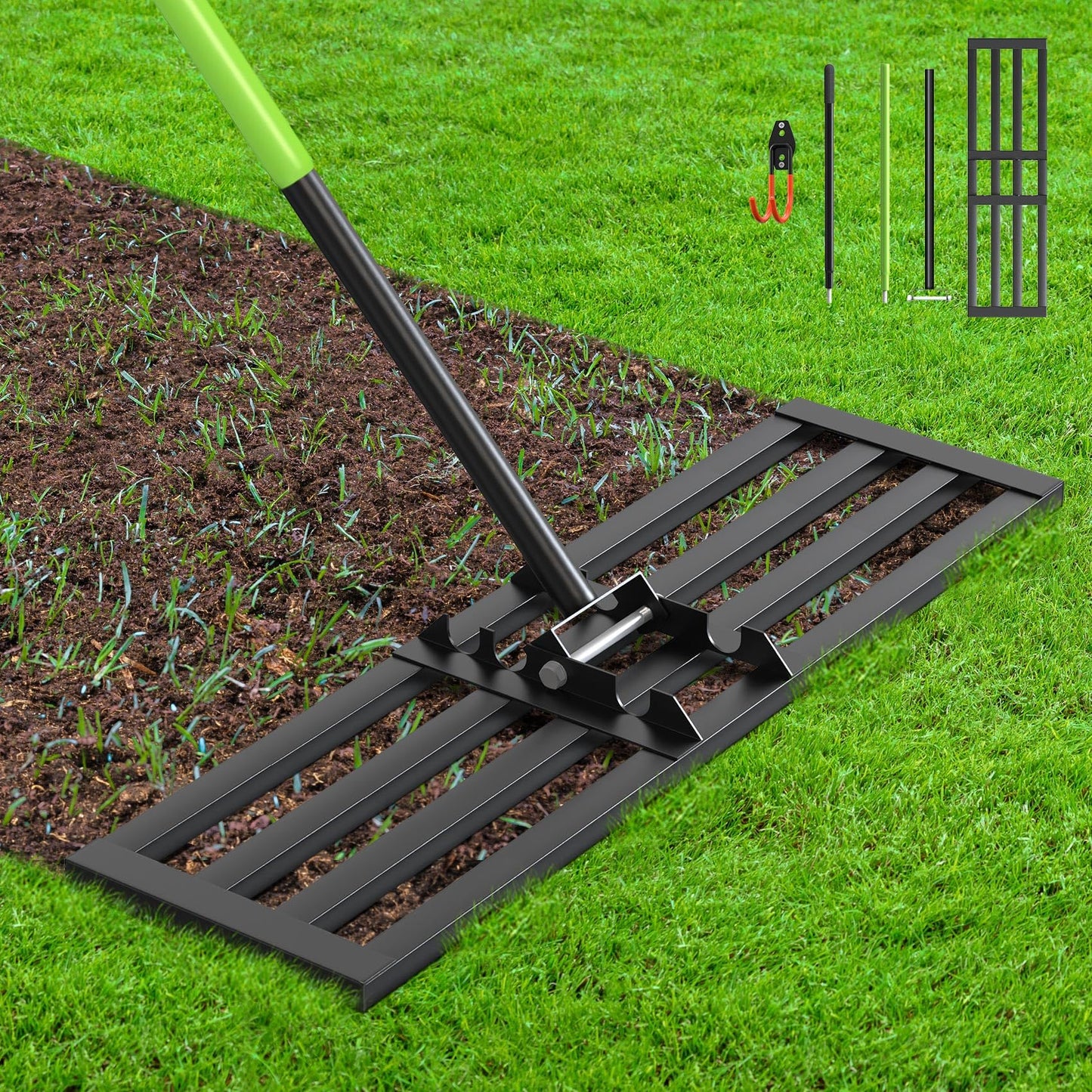 Seeutek Lawn Leveling Rake, 35” x 10” Lawn Leveler with 6.5FT Stainless Steel Handle Rakes for Lawns, 0-180° Adjustable Ground Leveler Tool for Yard, Level Soil Sand Dirt Surfaces