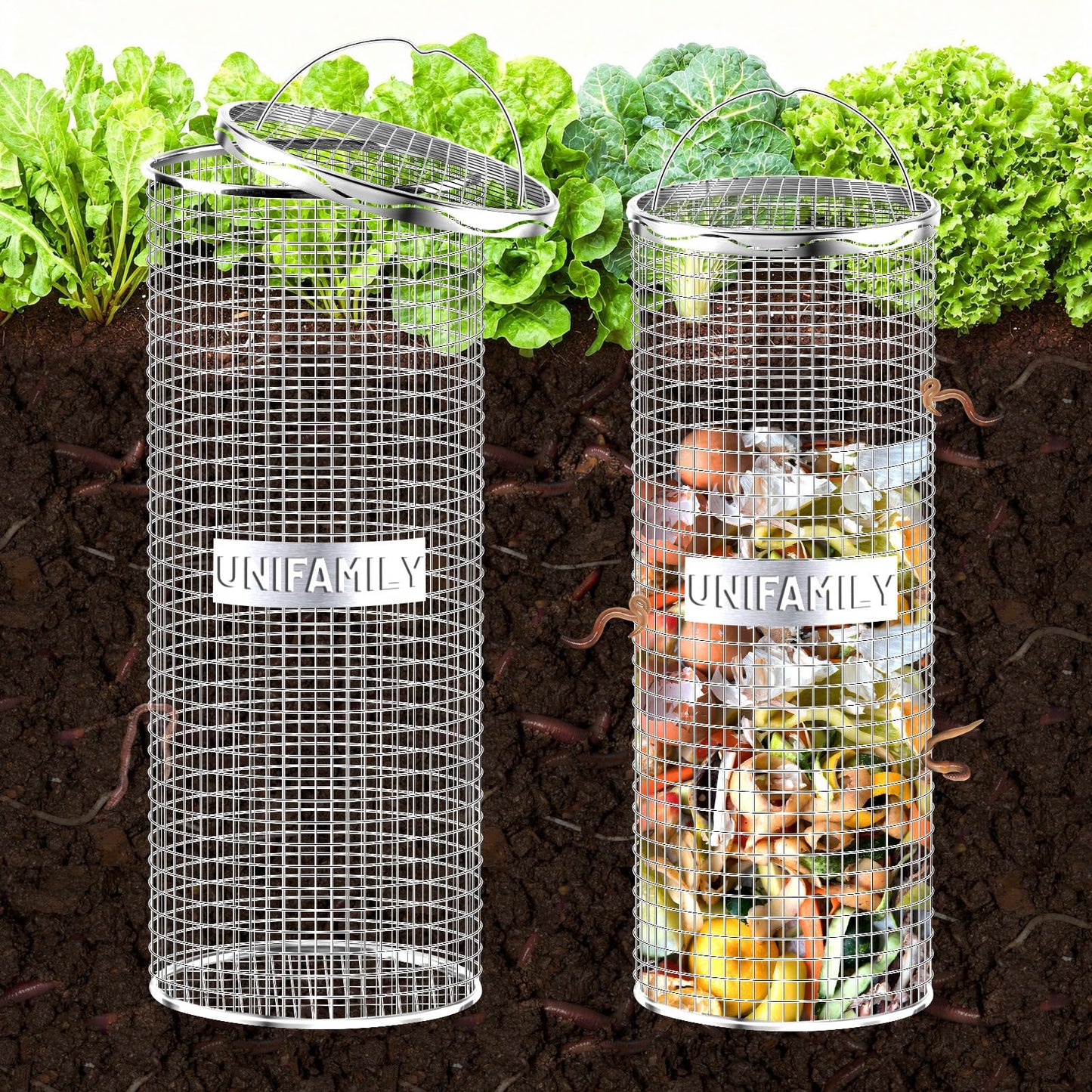 UNIFAMILY 2pack Inground Worm Composting Bin, Stainless Steel Outdoor Compost Bin with Handle, Worm Composter, Worms Bins for Composting Recycling Kitchen Food Waste (Compost Bin with Handle)