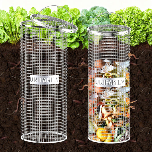 UNIFAMILY 2pack Inground Worm Composting Bin, Stainless Steel Outdoor Compost Bin with Handle, Worm Composter, Worms Bins for Composting Recycling Kitchen Food Waste (Compost Bin with Handle)