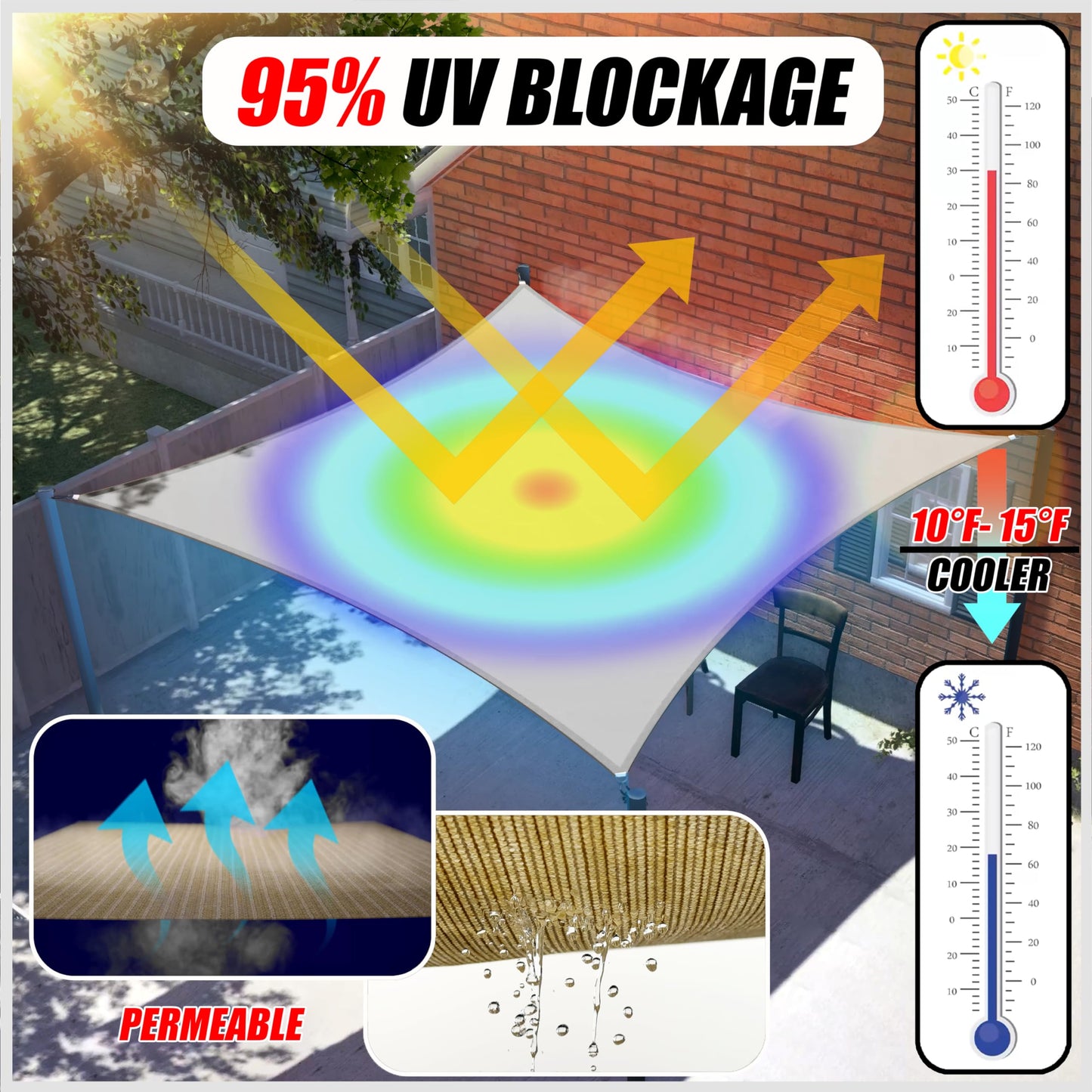 ColourTree 12' x 20' Beige Sun Shade Sail Rectangle CTSLR1220 - Canopy Mesh Fabric UV Block UPF50 - Commercial Heavy Duty - 190 GSM - 3 Years Warranty (We Make Custom Size)
