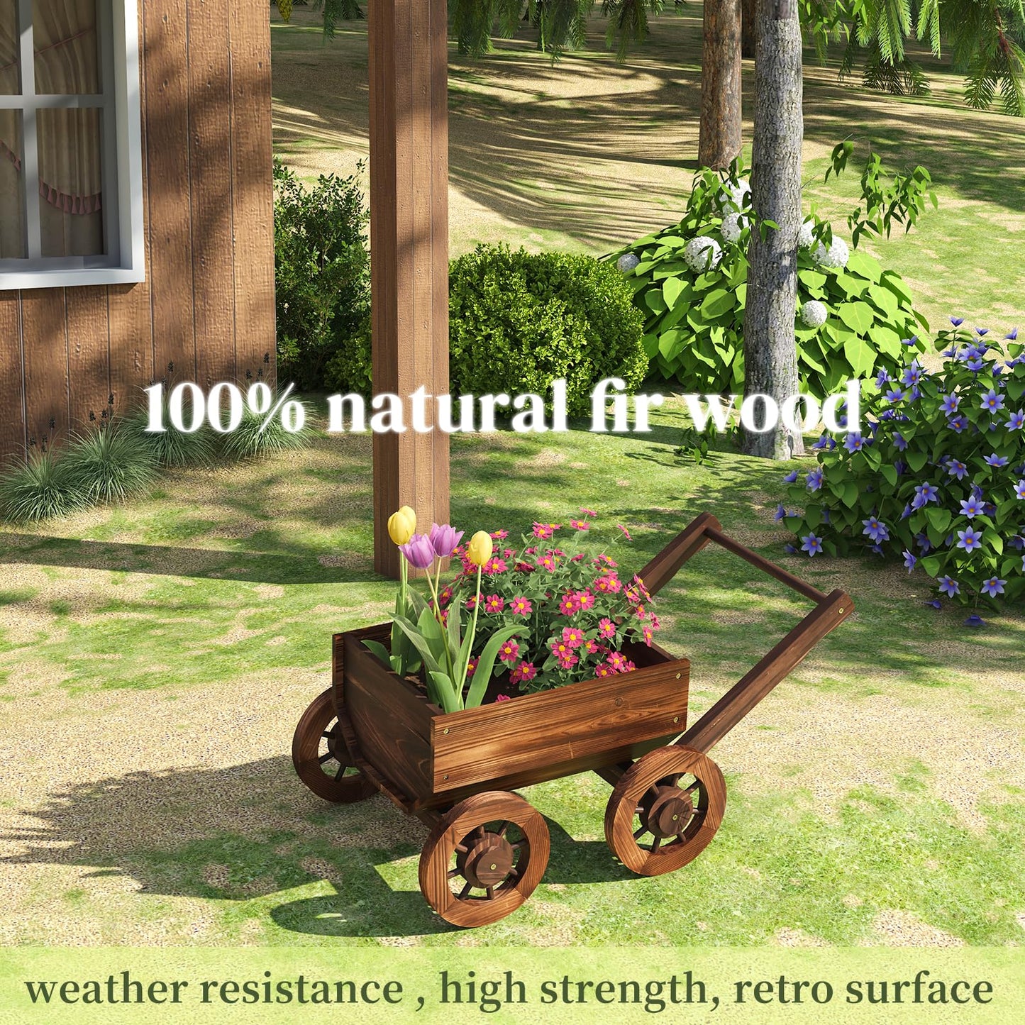 PULIJIA Wooden Wagon Planter Outdoor Garden Planter, Trolley Decoration Succulent Flower cart, Indoor Outdoor Backyard Balcon Decor cart with Wheels, Planter for Patio (HC-S)
