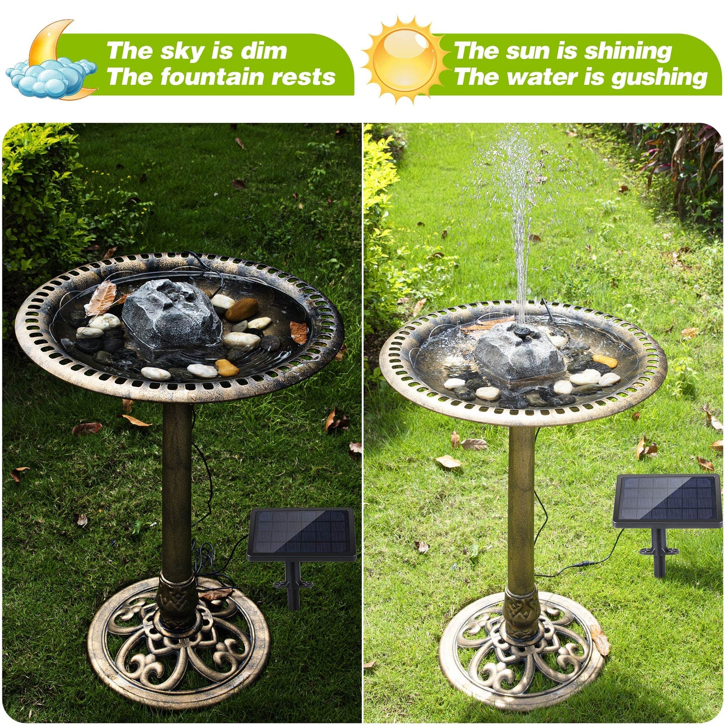 Solar Fountain Bird Bath with Solar Panel, Rockery Granite Water with 5 Nozzles Solar Water Fountain for Birdbath Outdoor, Pond, Patio Garden, and Fish Tank