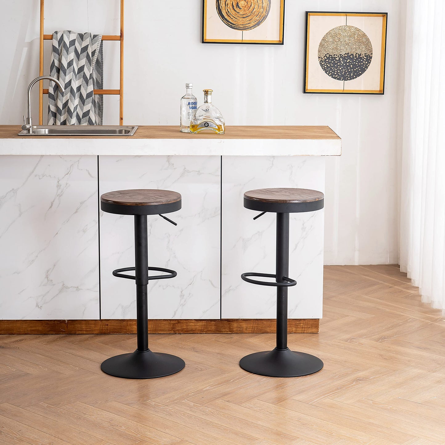 YOUNIKE Bar stools Wooden Barstools Vintage Rustic Counter Height bar Stool,Height Adjustable bar Chairs Swivel with Footrest,Cafe Kitchen Garden(Set of 2,Walnut)