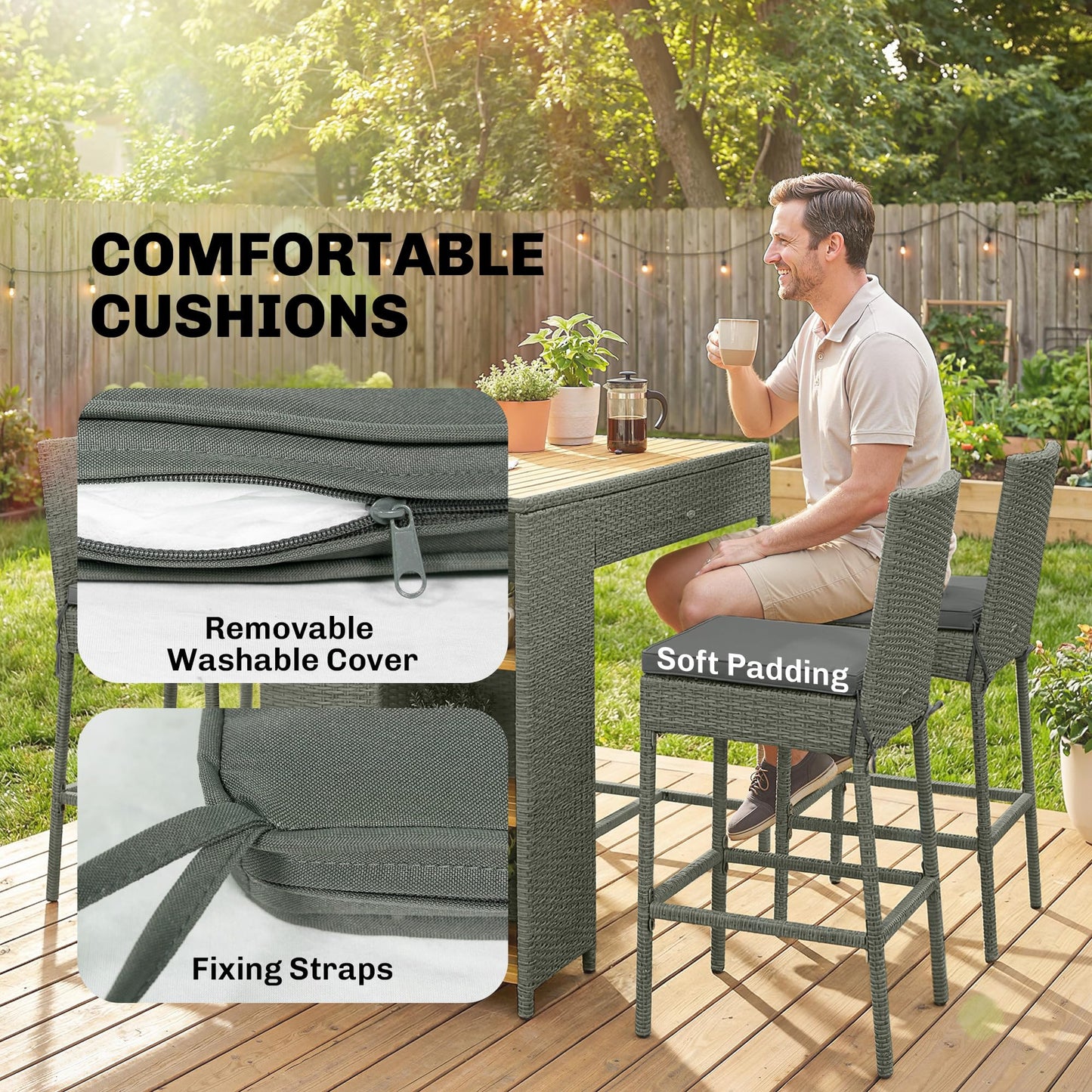 Outsunny 5 Piece Outdoor Bar Set, Wicker Outdoor High Top Table and Chairs, 3 Tier Shelves, Acacia Wood Bar Height Patio Set, 4 Barstools with Cushions, Back, Footrest for Garden, Backyard, Gray