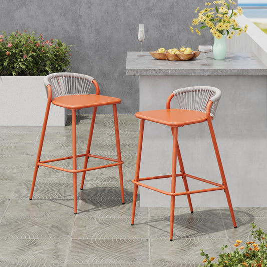 Christopher Knight Home Hearth 29.5" H Patio Barstools Set of 2, Aluminum Frame Barstool, Woven Rpoe Island Counter Stool, Scallop-Shaped Backrest Bistro Chairs for Balcony Backyard Garden, Orange