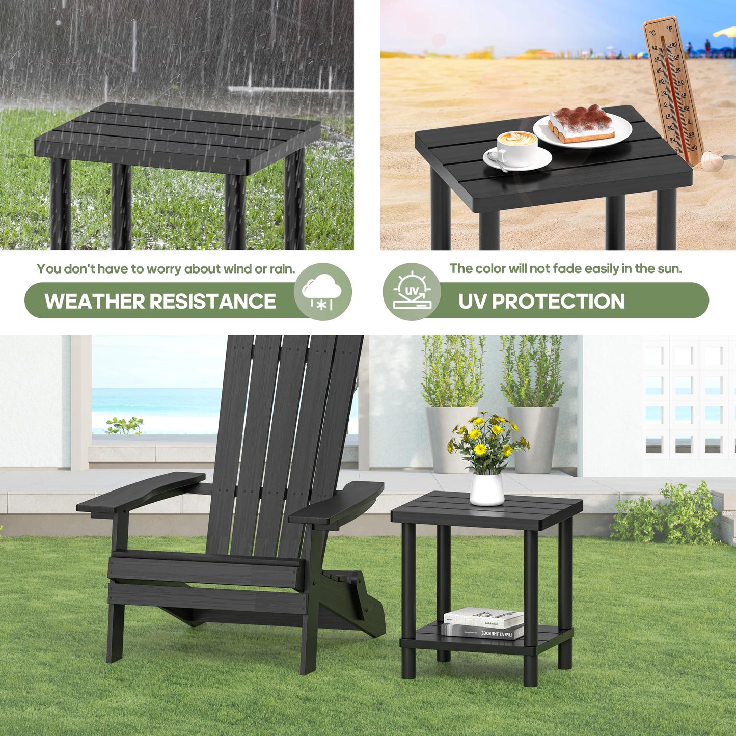 LEJANEOYE Outdoor Side Table, 2-Tier Small Outdoor Table for Patio, Adirondack Side Tables for Outside or Indoor, Bamboo End Table for Pool, Porch, Weather Resistant Easy Maintenance-Black