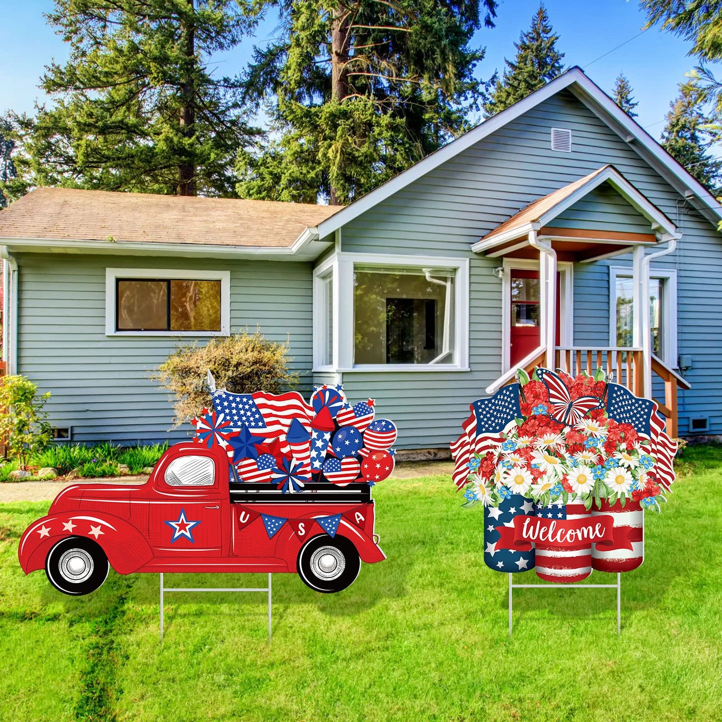 2 Psc 4th of July Yard Sign Patriotic Decorations Outdoor 250th Anniversary Memorial Day Welcome Sign with Stakes Weatherproof Independence Day Truck Flower Home Yard Decor for Garden Lawn