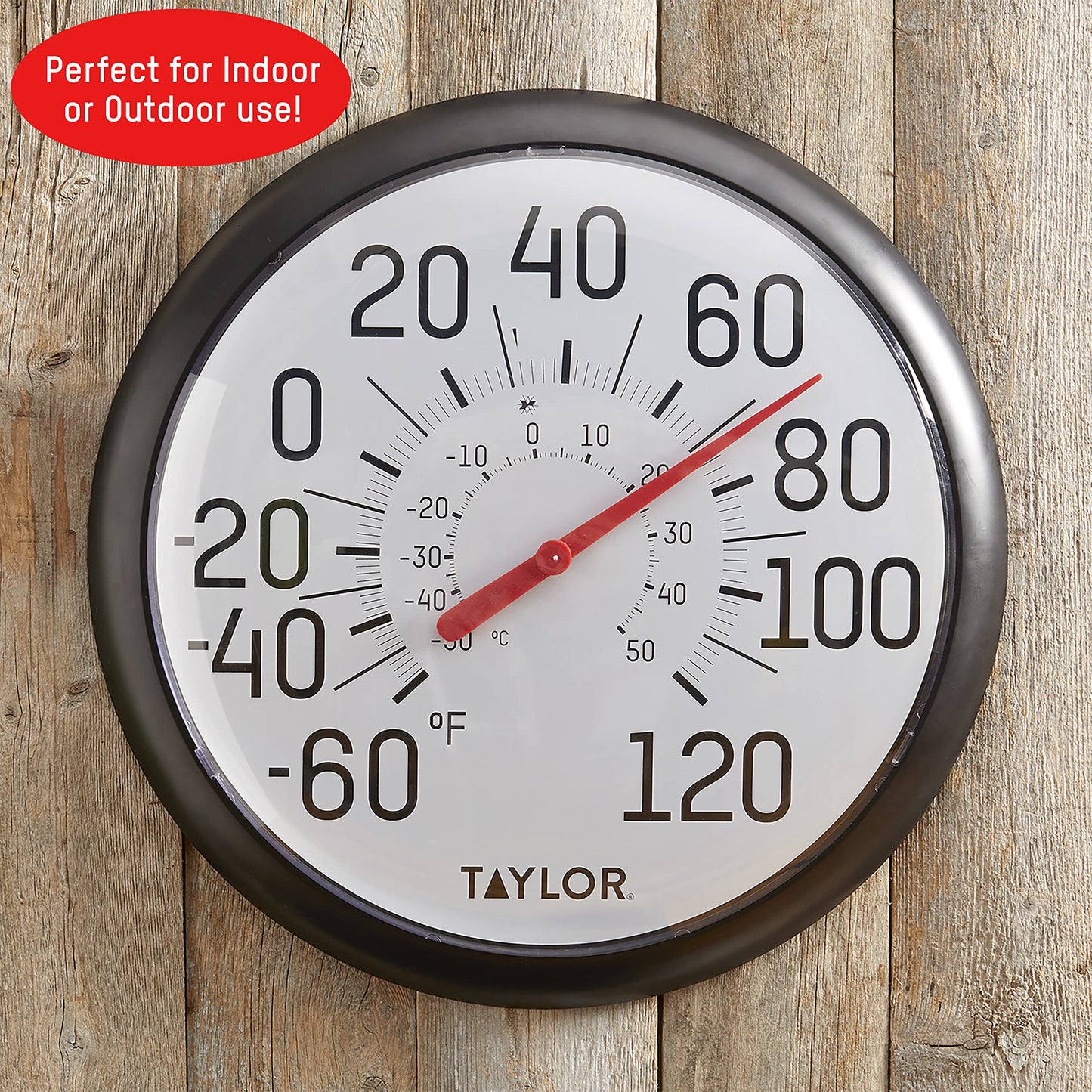 Taylor Big and Bold Wall Thermometer, Indoor Outdoor Thermometer, Wireless Thermometer with Easy to Read Numbers for Patio, Pool, and Indoor Areas, 13.25-inch, Black