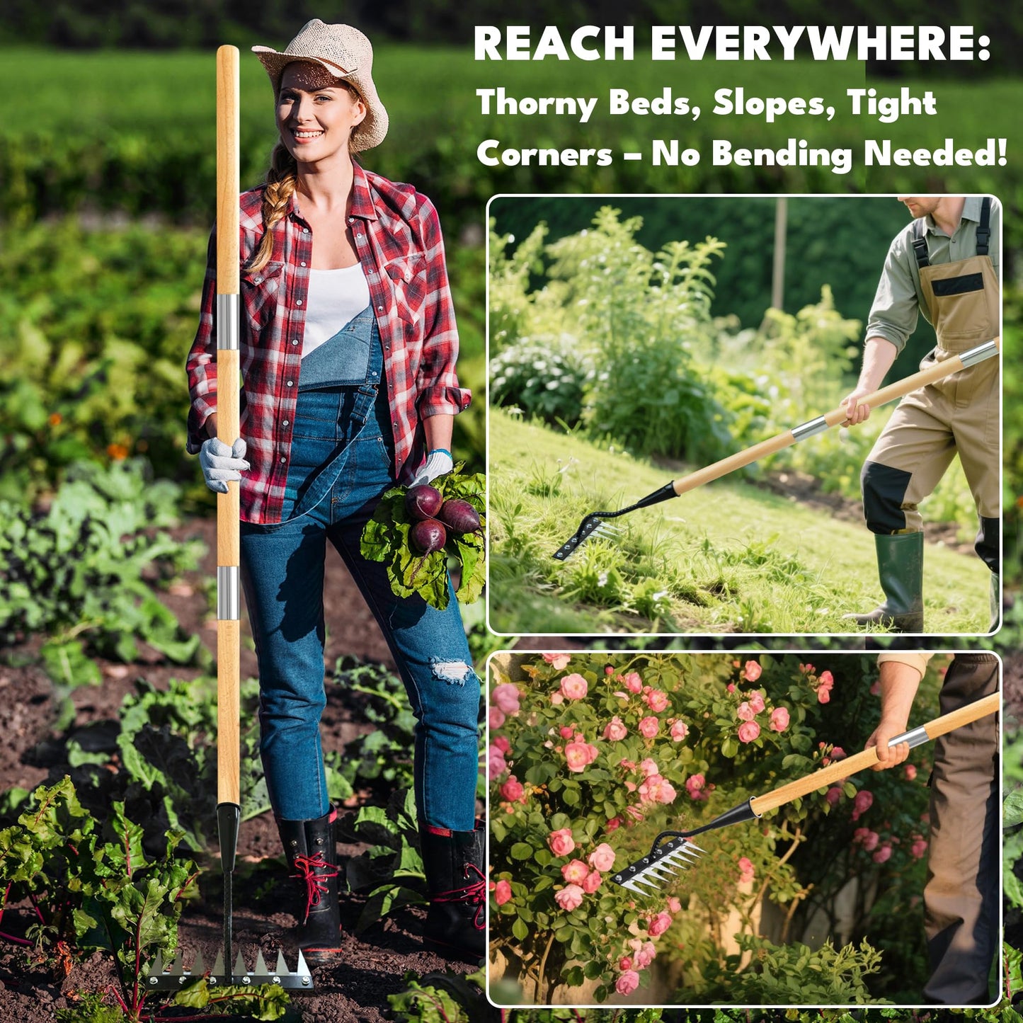 Weed Puller Tool, Iron Weeding Rake with Handle 2.0, Upgraded 8 Teeths Garden Weeding Tool Heavy Duty Gardening Tool for Lawn, Flower Beds & Soil Aeration
