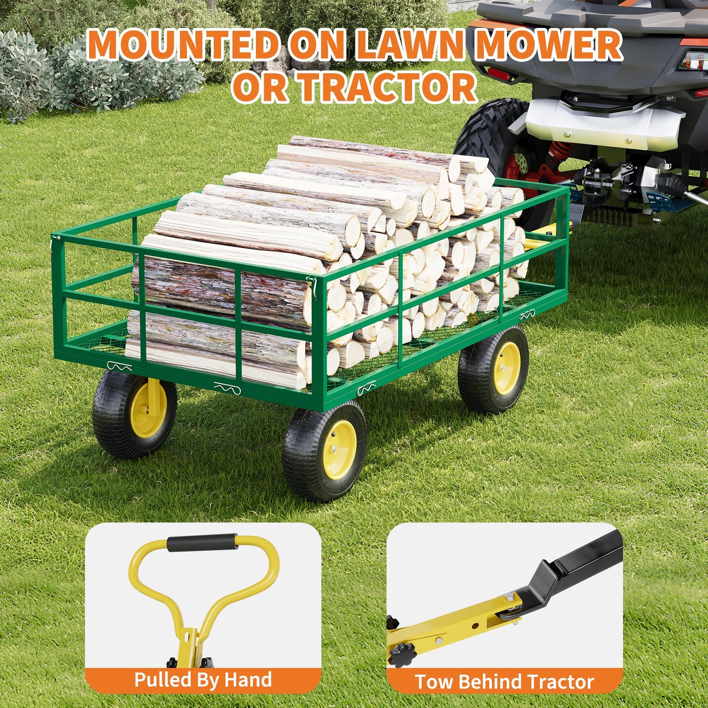 3-in-1 Heavy-Duty Steel Garden Cart, 1200 Lbs Garden Wagon, with 13 Inch All-Terrain Tires and Removable Mesh Side Panels, 180° Rotating Handle, Metal Utility Yard Trailer, Outdoor Gardens Wagon Cart