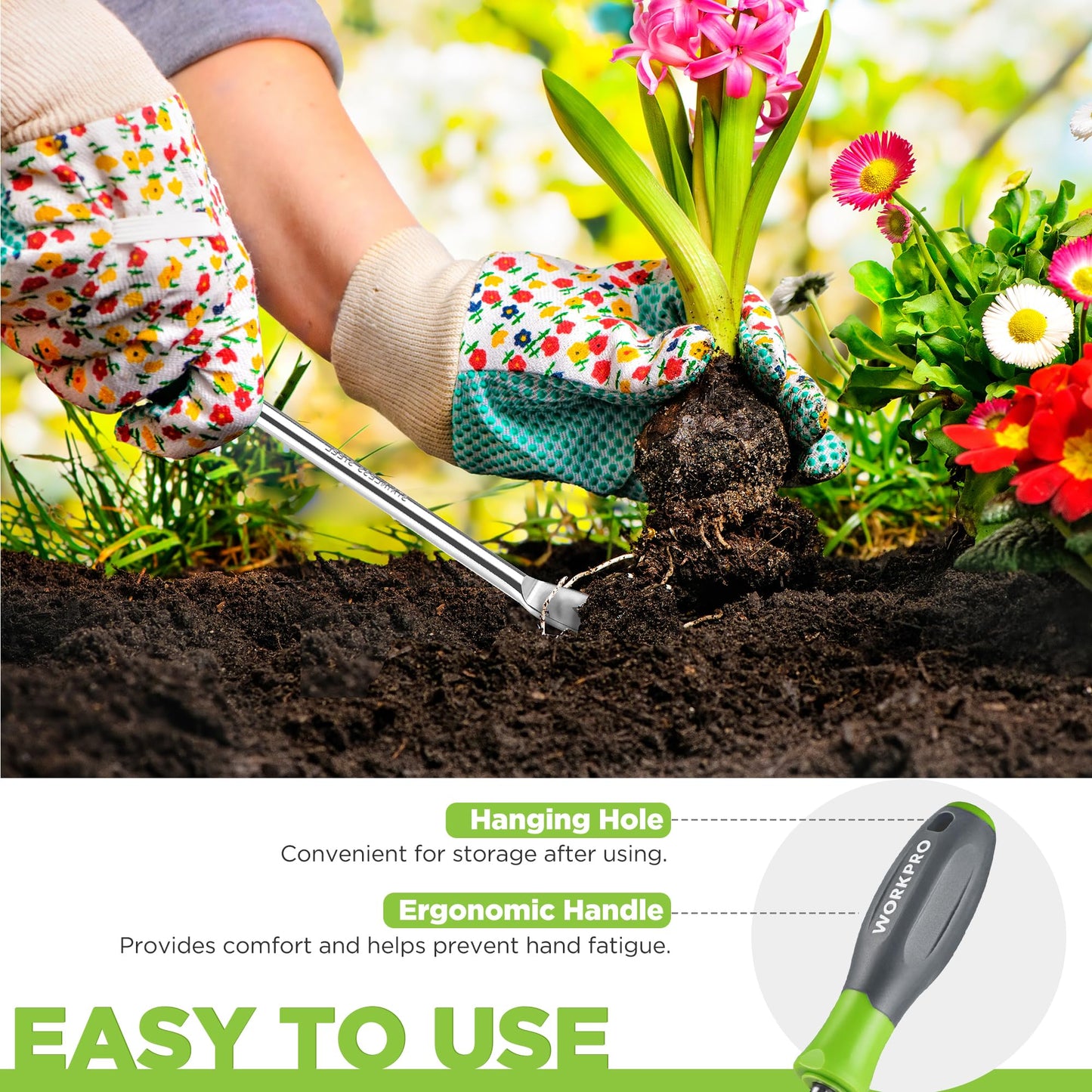 WORKPRO 11.5" Dandelion Weeder Puller Tool with Soft Handle, Polished Stainless Steel Garden Weed Remover Tool, Two-Pronged Fork Weeder Tool for Lawn Farmland Transplant Gardening Plant Tool