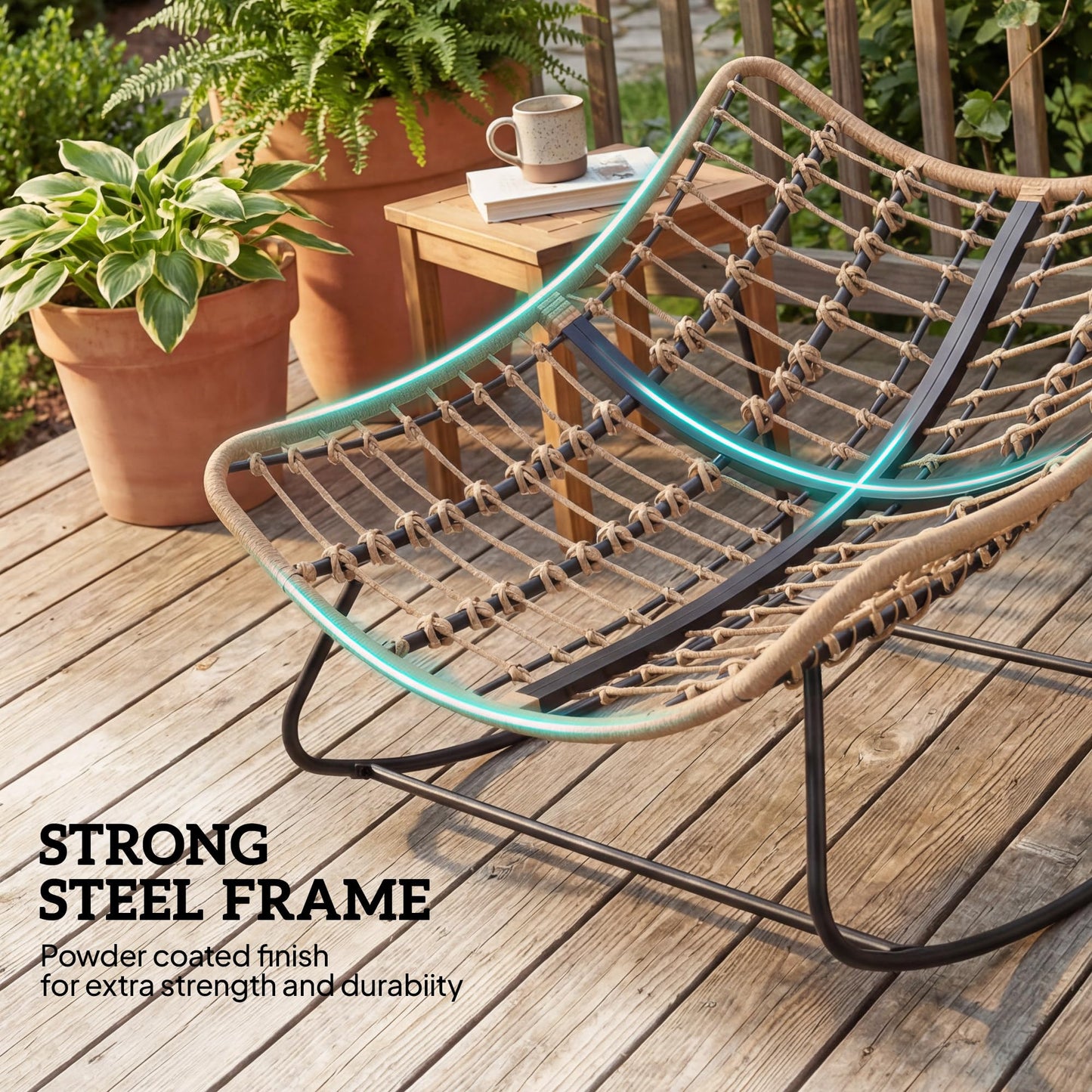 Outsunny Papasan Rocking Chair, Wicker Oversized Indoor Outdoor Rocking Papasan Chair with Cushion, PE Rattan Outdoor Rocker Egg Chairs for Living Room, Garden, Patio, Balcony, Beige