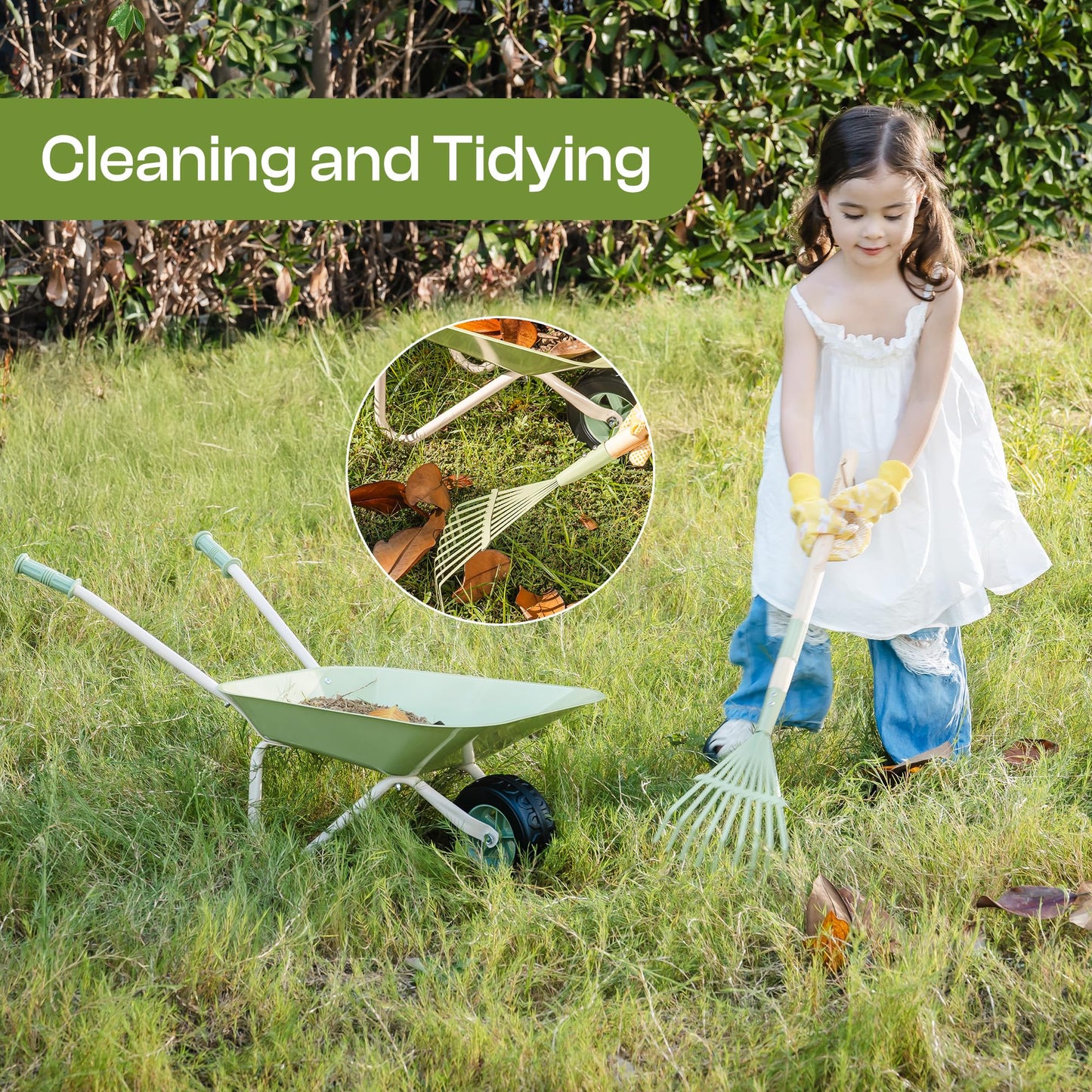 ROBUD Kids Wheelbarrow Set, Green Metal Toddler Wheelbarrow with Shovel, Hoe, Broom & Gloves, Kid Gardening Set for Kid to be Closer to Nature, WRP43